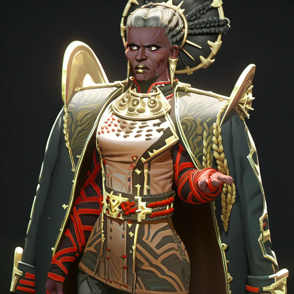 female focus, solo focus, solo, score_9, score_8_up, score_7_up, <lora:Ambessa3outfits:1> AmbessaMedardaOutfit2, hair ornament, updo hair, grey hair, coat, cloak, golden lipstick, makeup, dark skin, dark-skinned female,