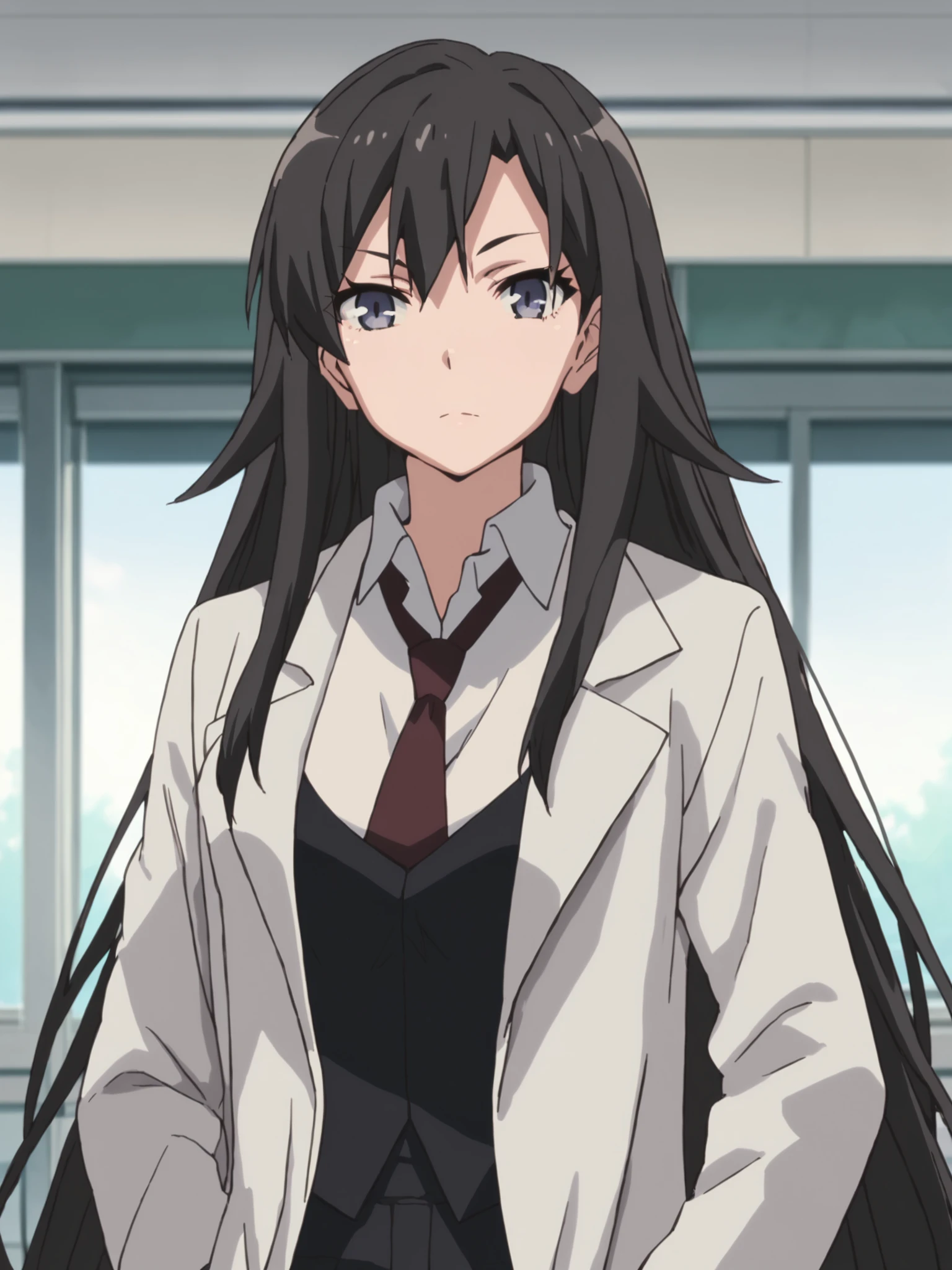 <lora:Hiratsuka_Shizuka:1>,safe_pos, score_9, score_8_up, score_7_up,score_6_up,shizuka,long hair,black hair,blue eyes,looking at viewer,labcoat