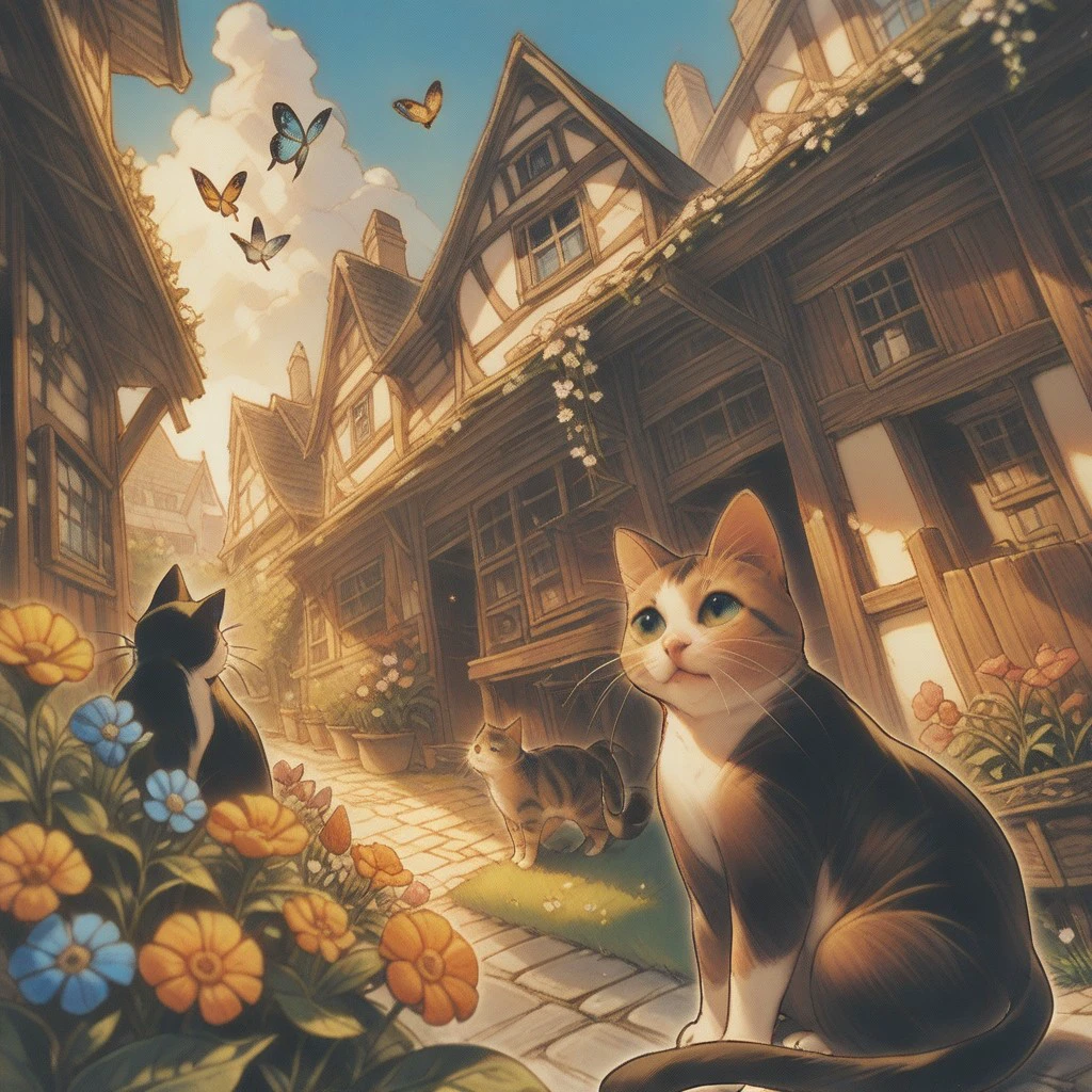 cat, garden, flowers, butterfly, building