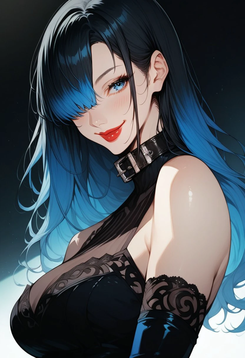 score_9, score_8_up, score_7_up, score_6_up, 
n0ct4bl00m,NoctaBloom,
rating_safe,  1girl, solo, long hair, breasts, looking at viewer, blush, smile, bangs, blue eyes, large breasts, black hair, closed dress, gloves, dress, bare shoulders, closed mouth, blue hair, upper body, multicolored hair, elbow gloves, hair over one eye, collar, lips, gradient hair, red lips,