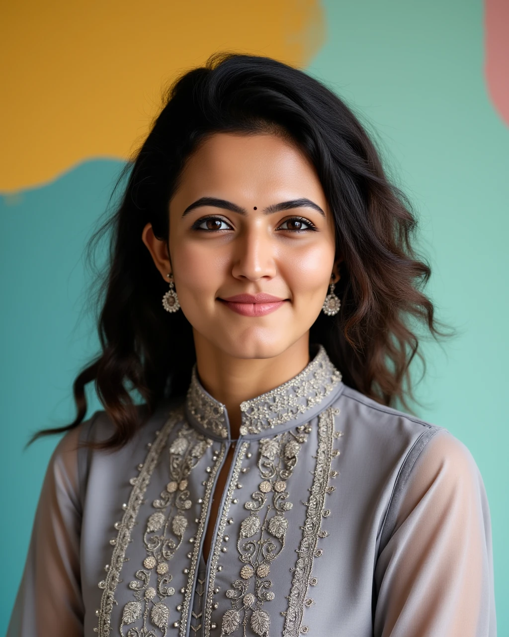 cowboy shot photo of Aparna Das woman,candid photo with natural colors, smiling expression on face,studio quality, wearing intricate conservative turtleneck Grey Sharara Suit, curls, pastel shaded multicolored background, cinematic soft lighting<lora:TestBed\Aparna_Das_2024_Flux_Kohya_V1.safetensors:1.0:1.0>