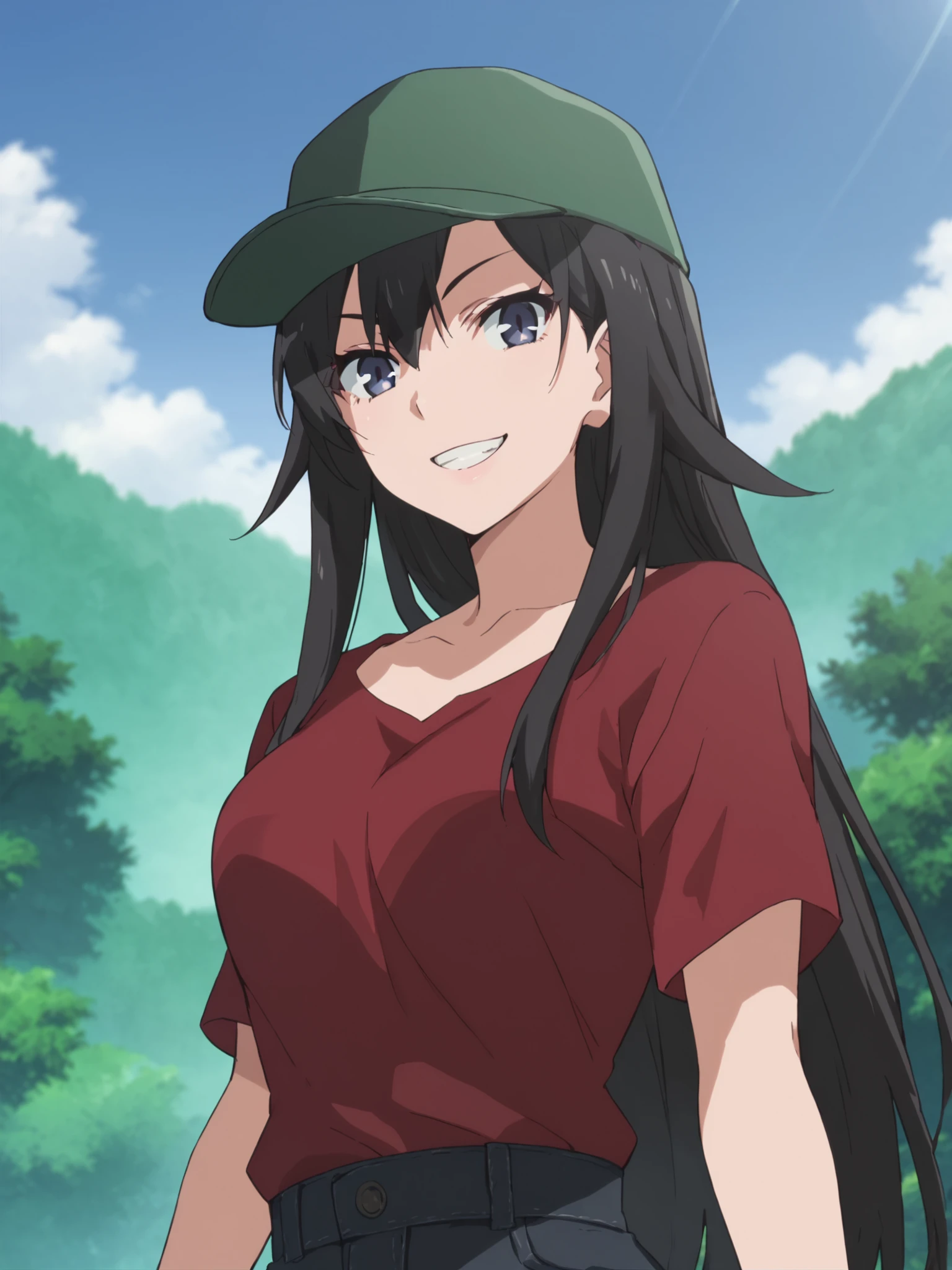 <lora:Hiratsuka_Shizuka:1>,safe_pos, score_9, score_8_up, score_7_up,score_6_up,shizuka,long hair,black hair,blue eyes,looking at viewer,outdoors,red shirt,green hat,smile,grin,breasts