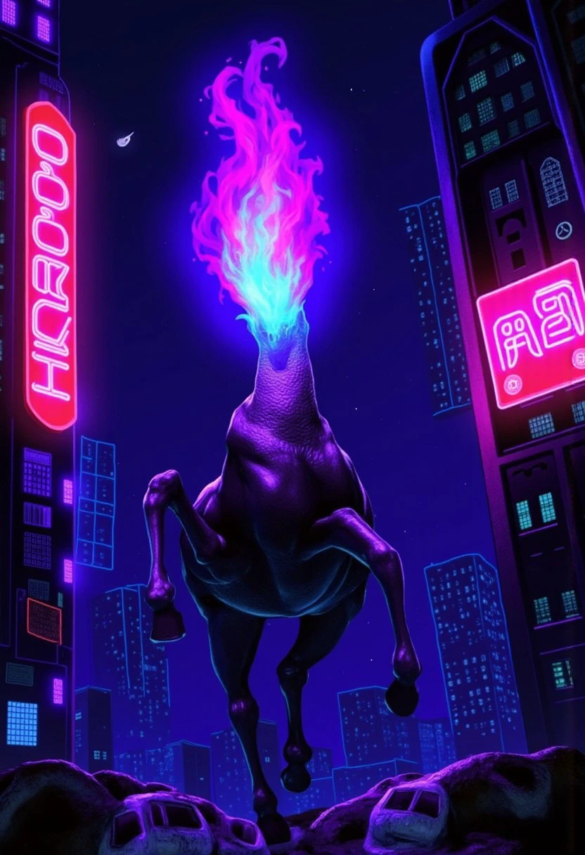 A cyberpunk reimagining of the "Mula Sem Cabeça" in a futuristic cityscape, surrounded by neon lights and holograms. The headless mule has glowing, neon flames in bright purple and blue, casting a surreal glow onto the metallic buildings around it. The creature's body is slightly robotic, with metallic textures and futuristic details. The cityscape is dark, lit by vibrant neon signs and holographic projections, creating a moody, sci-fi atmosphere.