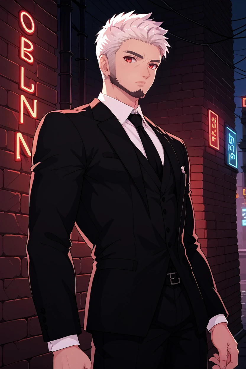 score_9, score_8_up, score_7_up,
<lora:CBGoro:0.8>
CBGoro, 1boy, white hair, short hair, beard, red eyes, muscular, looking at viewer, In a dimly lit urban alley, tailored black suit, ambient neon lights casting shadows, leaning confidently against a brick wall, cowboy shot