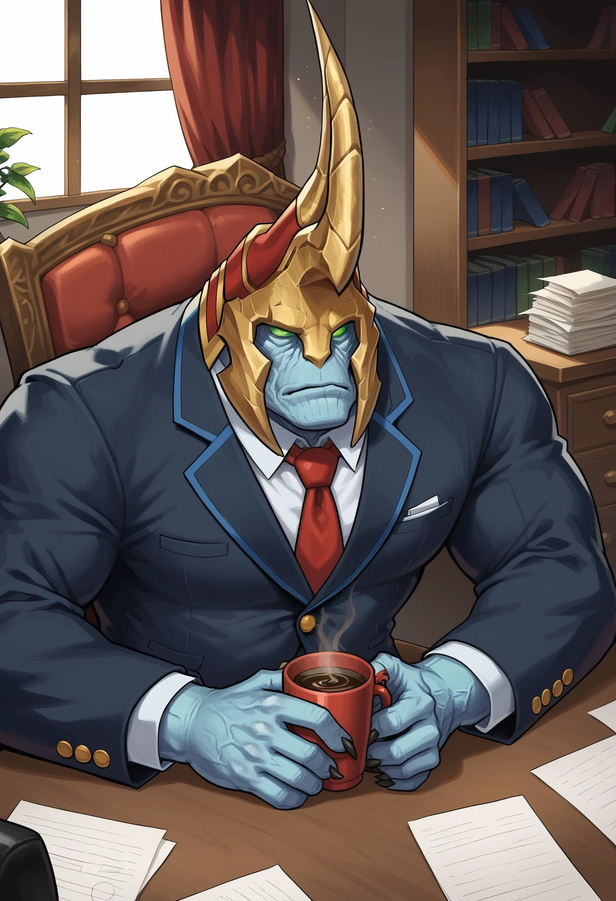 score_9, score_8_up, score_7_up, (detailed face, detailed body, detailed background, perfect anatomy, masterpiece, high quality, best quality), source_anime, rating_safe, indoors, office, window  BREAK sitting, computer, desk, paper, fellord, demon, monster, horned helmet, blue skin, green eyes, glowing eyes, no pupils, muscular, (suit, tie:1.2), claws, tired, holding coffee <lora:detailed_notrigger:0.8>  <lora:FelLord_WoW_V1:0.85>  <lora:PersonalAmi_PonyXL:0.5>  <lora:sn0w:0.75> <lora:Smooth Style 2 SDXL_LoRA_Pony Diffusion V6 XL:0.5>