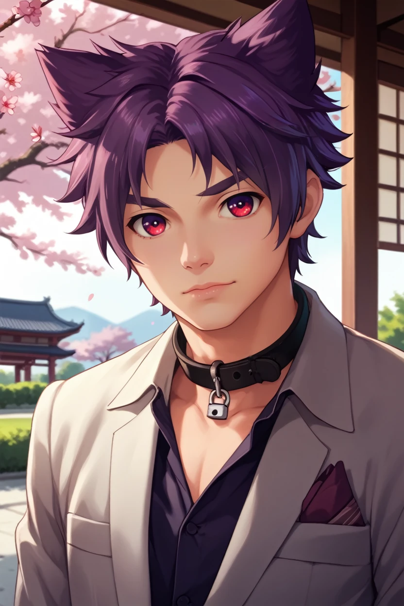 score_9, score_8_up, score_7_up,
<lora:CBYoichi:1.0>
CBYoichi, 1boy, purple hair, short hair, red eyes, cat ears, collar, looking at viewer, Beneath a cherry blossom tree in bloom, modern suit with a hint of traditional influence, Stoic expression, cowboy shot