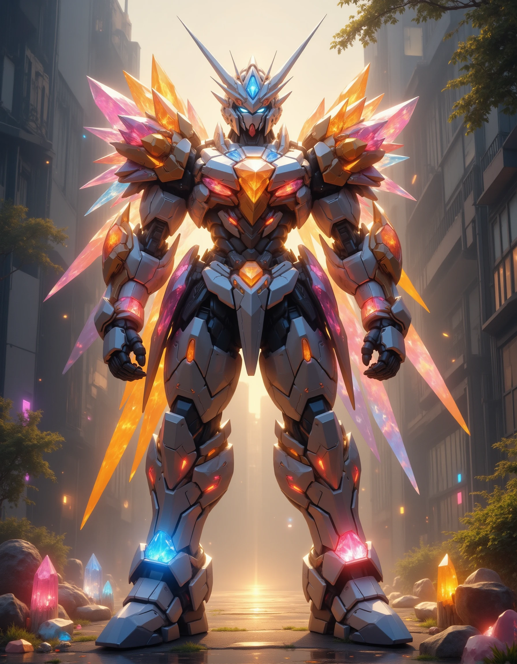 fluxmecha,A mecha made entirely of crystal stands in the sun, the crystal reflects colorful light, surreal style