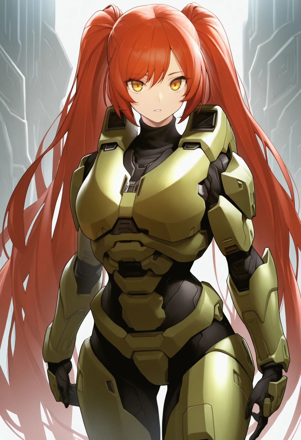 masterpiece, best quality, <lora:masterchief-halo-richy-v1_ixl:1> masterchief, power armor, standing, parted lips, looking at viewer, 1girl, solo, red hair, twintails, very long hair, yellow eyes, turtleneck