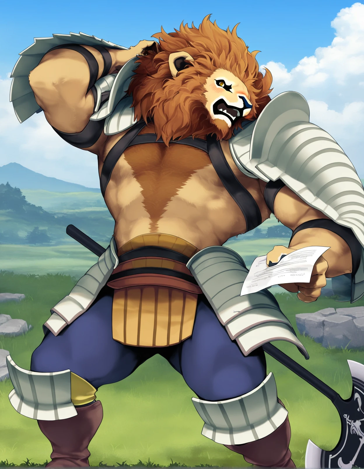 masterpiece, best quality, morard, lion, anthro, solo, male,awkward,  shy, chest hair, arm armor, battle axe, standing, pose, tassets, leather boots, blue pants, knee pads, scratching head, holding paper,  grass, sky, detailed background,
<lora:UnicornOverlordBeastmen_Noob-1.0.38:1>