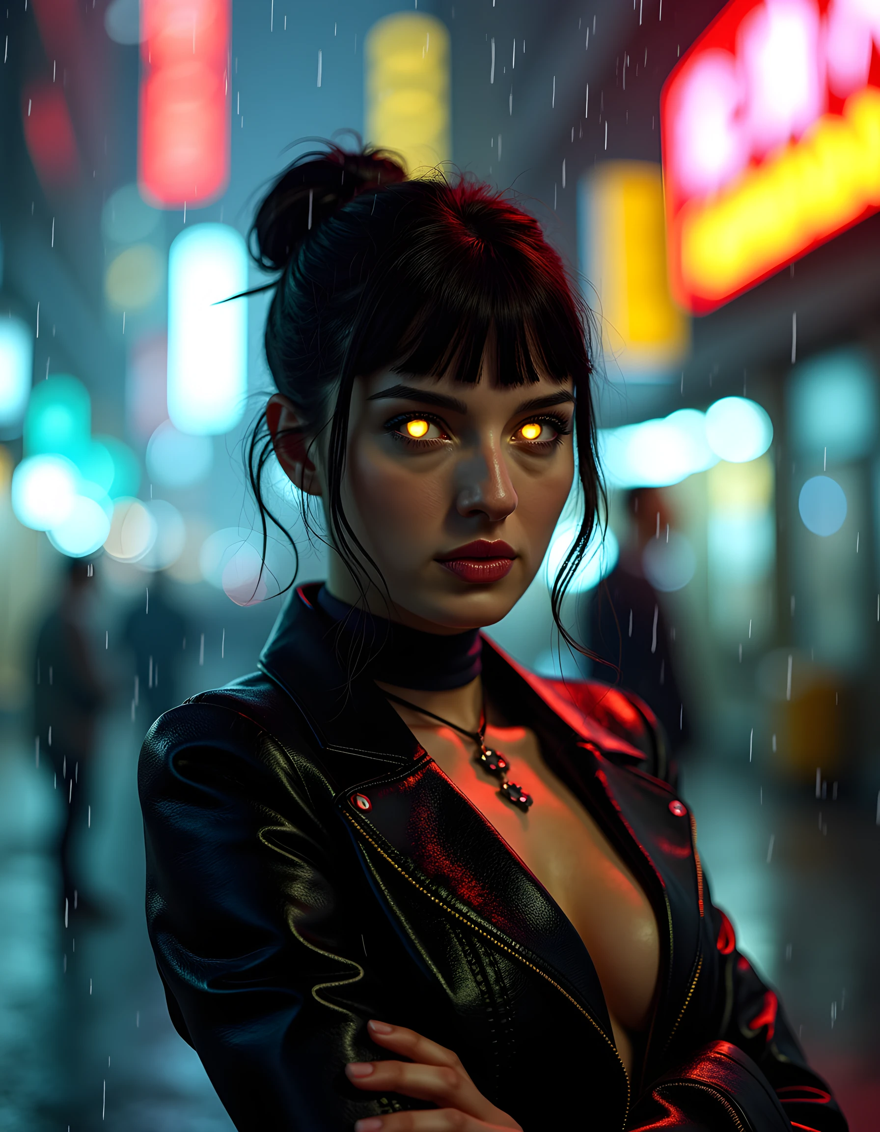 In a gritty, neo-noir setting reminiscent of Blade Runner's dystopian metropolis, a close-up image captures M4R14V, a woman with black hair and striking brown highlights, adorned in a unique blend of cybernetic and Victorian-era fashion. Her eyes, glowing with an otherworldly light, reflect the pulsating neon lights of the cityscape behind her. The frame is set in a letterbox format, with a blurry, rain-soaked backdrop that adds to the moody atmosphere. M4R14V stands in a defiant pose, her arms crossed and a mysterious smile playing on her lips, as if daring the viewer to unravel the secrets of this enigmatic figure in this chaotic, yet captivating urban landscape.