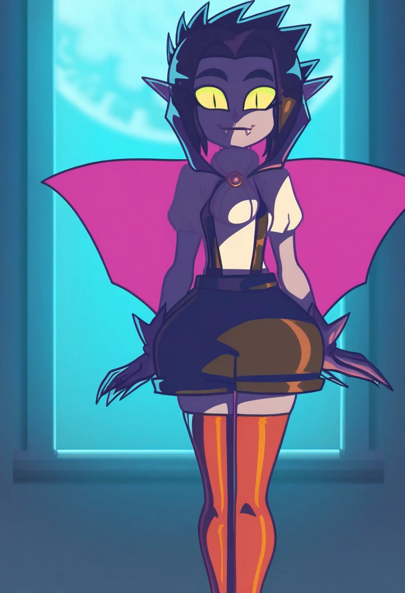 masterpiece, best quality, beautiful detailed eyes, (demon girl, sexy lingerie), fishnets, cameltoe, beautiful hair, blush, smiling, lipstick, beautiful lips, ray tracing, perfect lighting, extremely detailed 8k wallpaper, (detailed background), large breasts, nightclub, glass floor, purple lights, curvy, dynamic background, demon tail, short punk rocker hair, pixie cut hairstyle, spiky hair [round butt],
