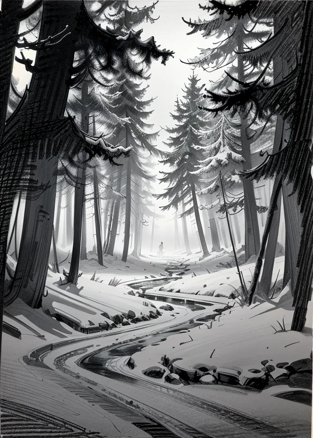 charcoal_sketch  
best quality,masterpiece,highly detailed,ultra-detailed, 
<lora:neg9V2_8:0.25>   doodle, monochrome, traditional media, greyscale, sketch by charcoal,smear strokes  <lora:Charcoal_sketch_V03:1>, scenery,A snowy winter pine forest at night, cool indigos and blacks pierced by warm cabin glows, exuding coziness