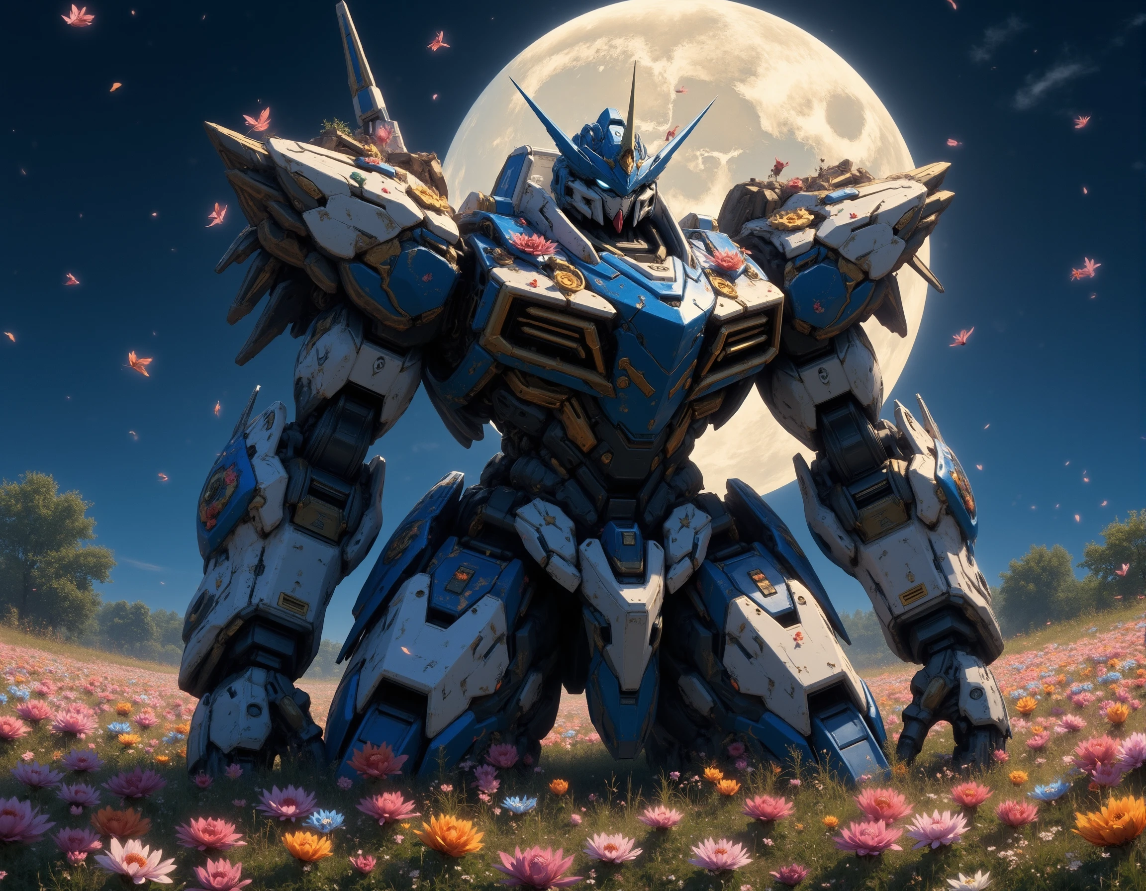 fluxmecha,A blue and white broken mech knelt in the middle of an endless sea of flowers, its body covered with colourful flowers, its arms crippled and surface rusted as if it had stood here from a century ago, behind it was the huge full moon, its petals fluttering in the wind, the night