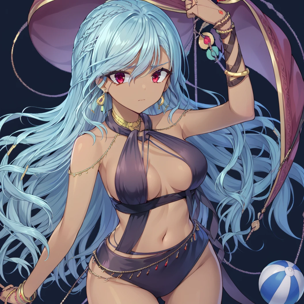 score_9, score_8_up, score_7_up, source_anime, masterpiece, best quality, 1girl , solo,  trisha, trishaswim, long hair, jewelry, breasts, dark skin, dark-skinned female, bracelet, navel, earrings, red eyes, braid, halterneck, Pretending to hold a large beach ball, in distress, shaded face, closed mouth,  sad, raised eyebrows,, at ancient egypt, egyptian city,, <lora:trisha_chronoark_ponyxl-000005:1>