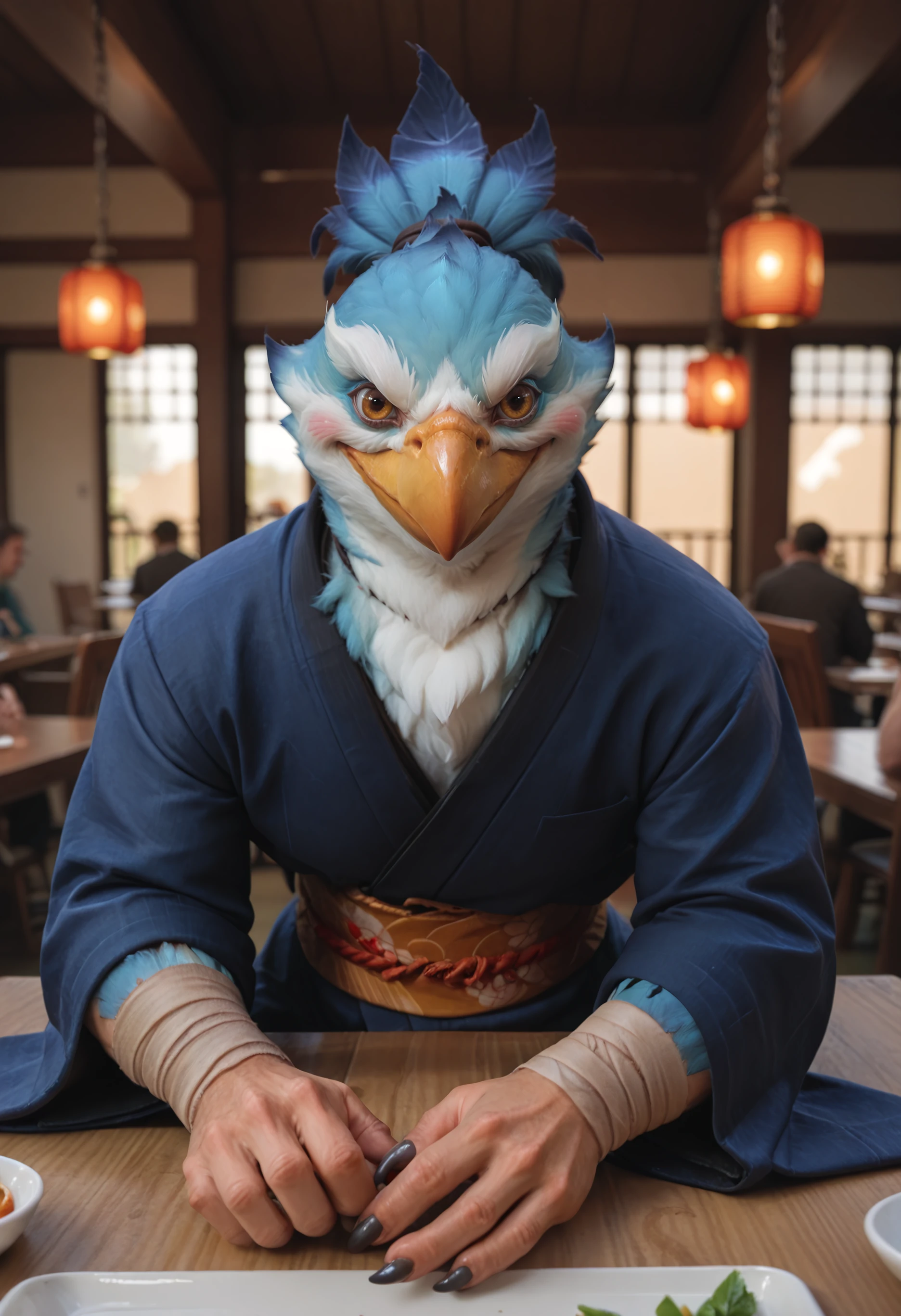 score_9, score_8_up, score_7_up, score_6_up, score_5_up, score_4_up BREAK, kezpdxl, 1boy, solo, avian, furry, ponytail, yellow eyes, arm wrap, leg wrap, neck collar, kimono, realistic, detailed_fur, date, across table, pov across table, pov, blush, smile, pov date, food, male focus, restaurant <lora:Kez:0.6>