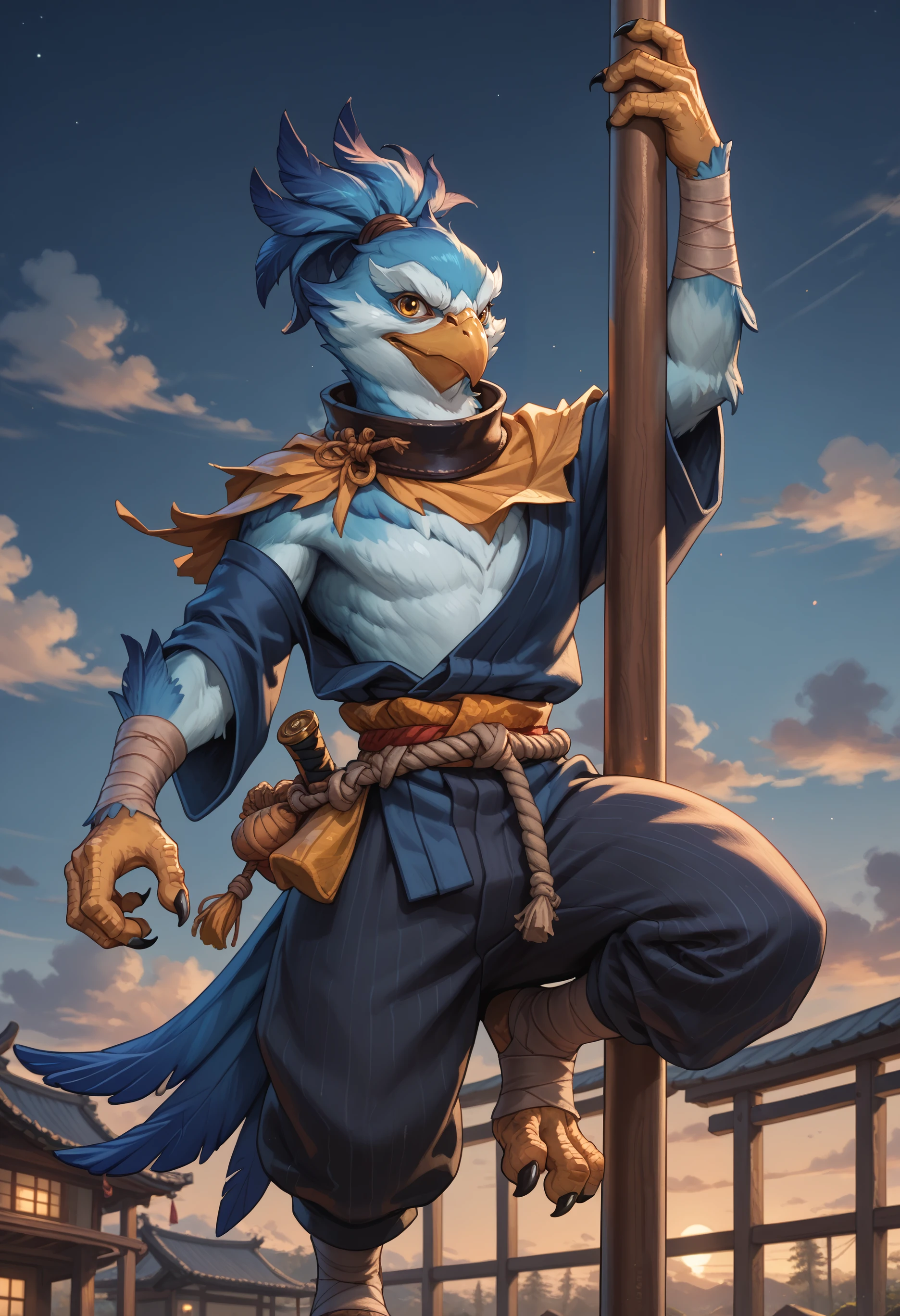 score_9, score_8_up, score_7_up, score_6_up, score_5_up, score_4_up BREAK, kezpdxl, 1boy, solo, avian, furry, ponytail, yellow eyes, arm wrap, leg wrap, neck collar, kimono, pants, dusk, clouds, wooden pole, pole dancing, holding sword, <lora:Kez:0.75>