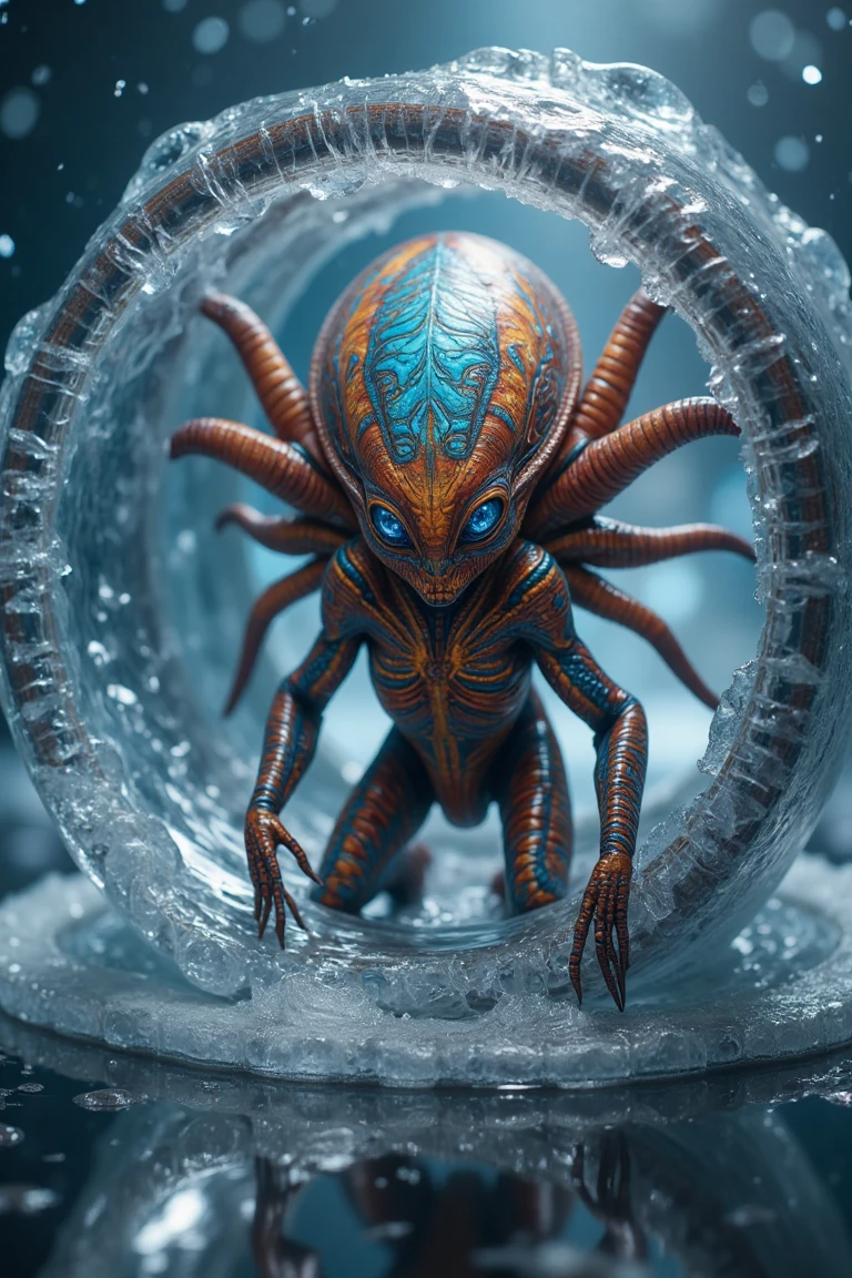 frontal view, UHD, 8K, intricate, cinematic, (((alien caught inside ice))), cracked ice surface, frosted colors, sharp focus, dramatic light