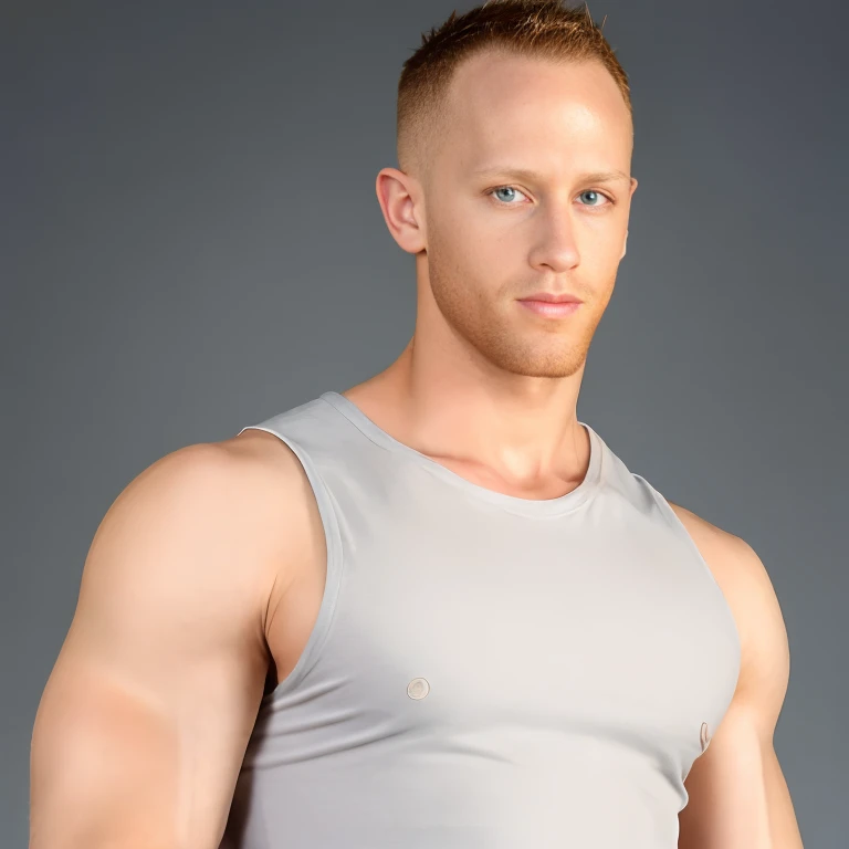 absurdres, highres, <lora:JRMatthews:0.85>, jrmatthews, muscular male, portrait, looking at viewer, simple background, tank top, buzz cut