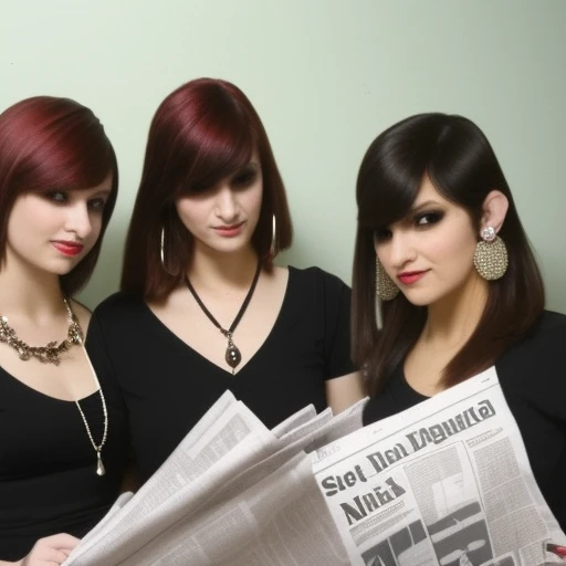 multiple girls, lying, earrings, sleeves rolled up, newspaper, bangs, lipstick, long hair, lanyard, black dress