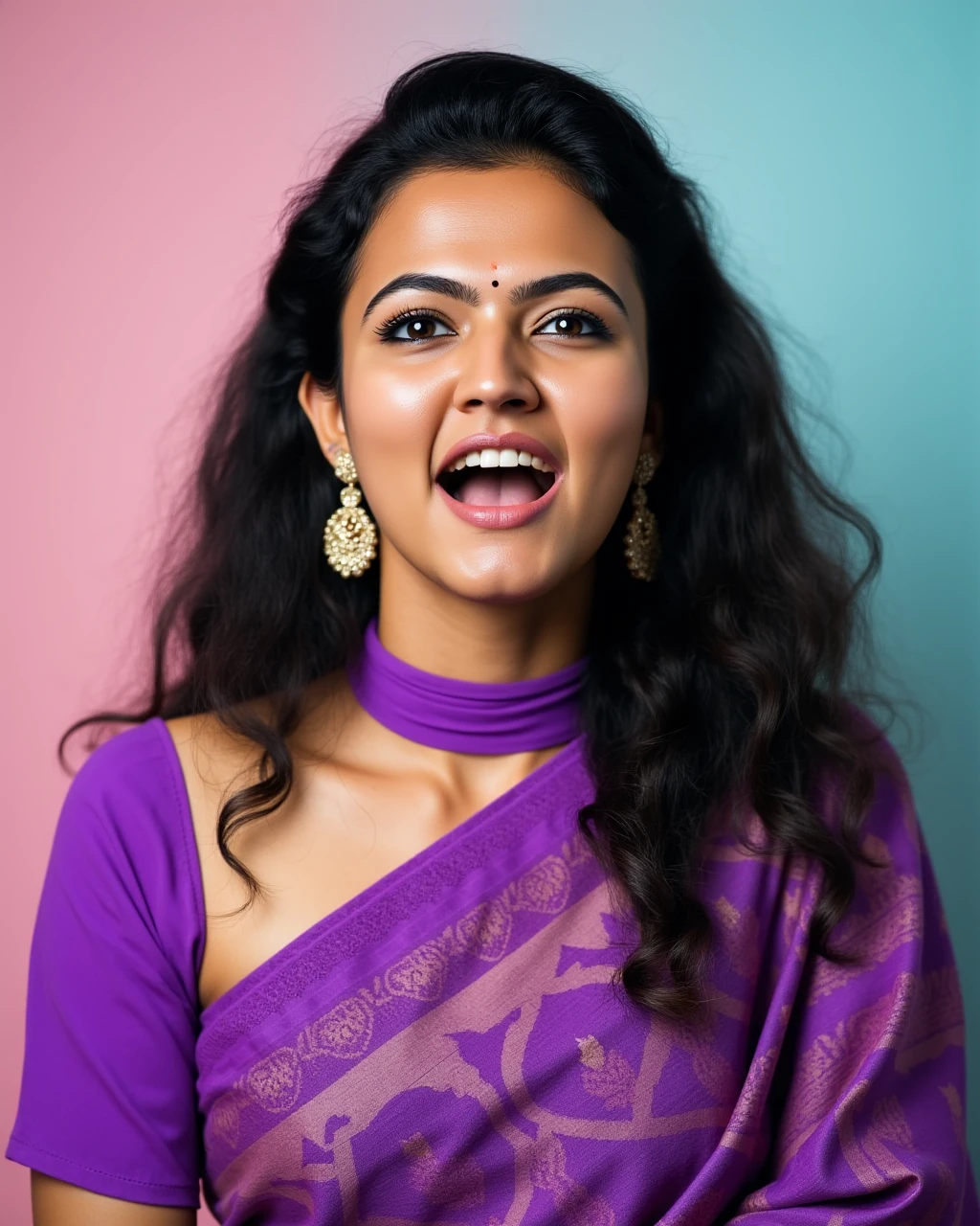 headshot photo of Aparna Das woman,candid photo with natural colors, shouting expression on face,studio quality, wearing intricate conservative turtleneck Purple Dhoti Saree, curls, pastel shaded multicolored background, cinematic soft lighting<lora:TestBed\Aparna_Das_2024_Flux_Kohya_V1.safetensors:1.0:1.0>