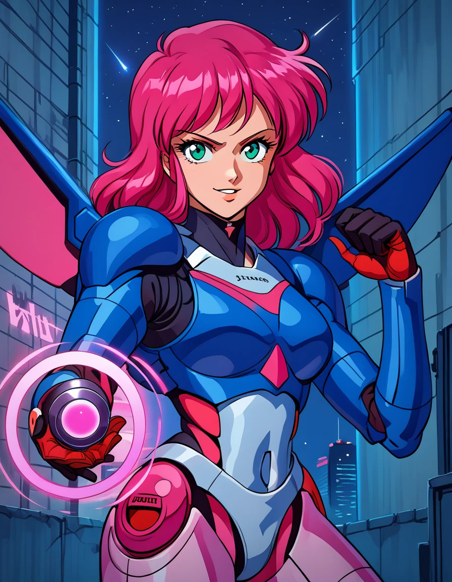 score_9, score_8_up, score_7_up, anime_source, BREAK, 
masterpiece, best quality, 1girl, solo,  <lora:Bubblegum_Crisis-_All_Sabers_pony:0.8> bubblegum-crisis,
neneSaber, blue power armor, multicolored armor, pink power armor, mecha, pink hair, green eyes, dynamic pose, wings, hands out, 
, holding helmet, cowboy shot, dynamic pose, looking at viewer, evil smirk, parted lips, city, futuristic, night, neon lights, noir, dystopian city,  <lora:g4n1m3XLP:0.8> g4n1m3 <lora:energy_beam:0.8> energy_ball, energy ball, attack, casting spell,