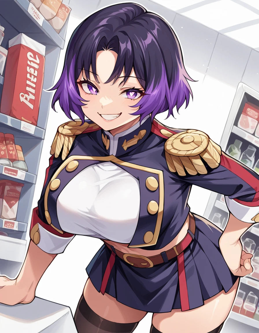 score_9, score_8_up, score_7_up, source_anime, <lora:yakumo-ezo-manga-ponyxl-lora-nochekaiser:1>, yakumo ezo, short hair, parted bangs, white pupils,, skirt, large breasts, black hair, thighhighs, purple eyes, purple hair, multicolored hair, two-tone hair,...