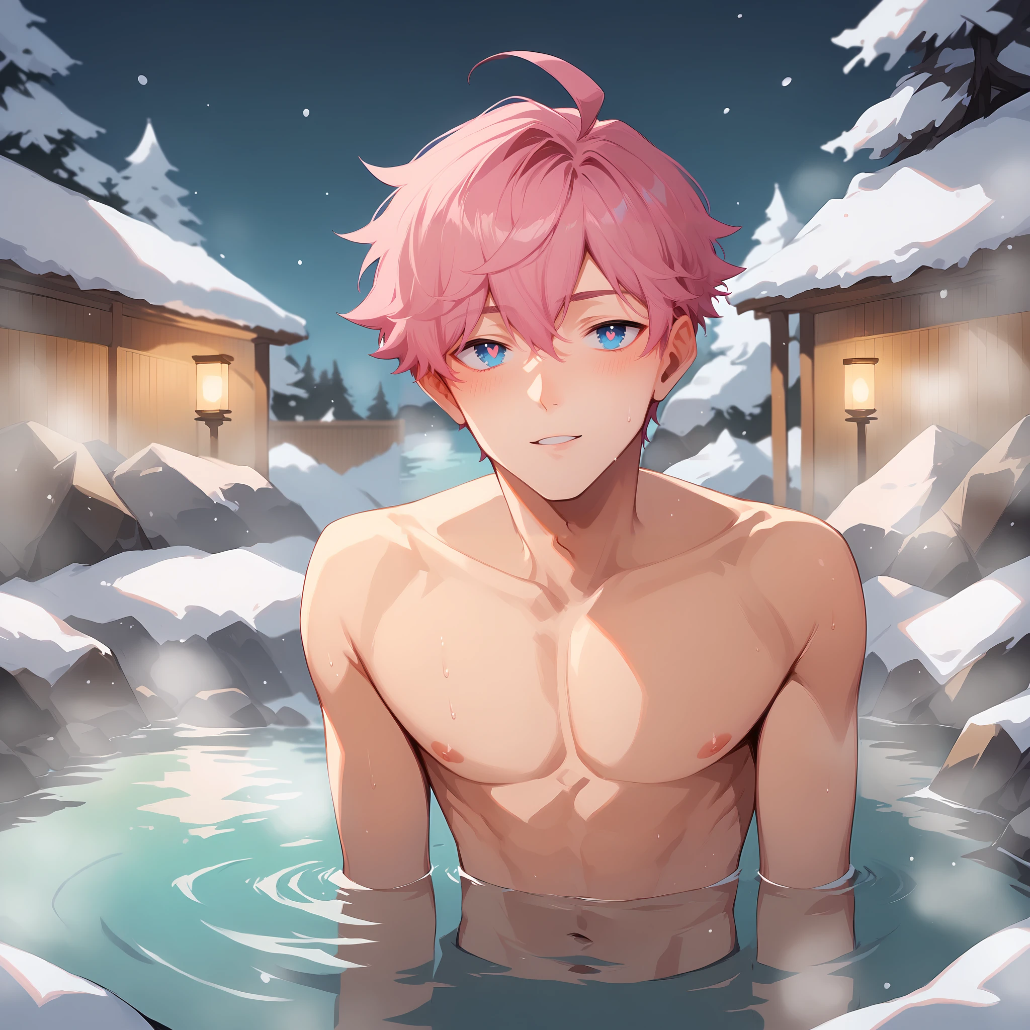 score_9, score_8_up, score_7_up, best quality, masterpiece, high res, BREAK
1boy, solo, male focus, finlay, ahoge, bangs, blue eyes, pink hair, short hair,
naked, BREAK
heart-shaped eyes, onsen, steam, evening, snow, <lora:Finlay-000012:1>, <lora:Detail Slider:1.5>