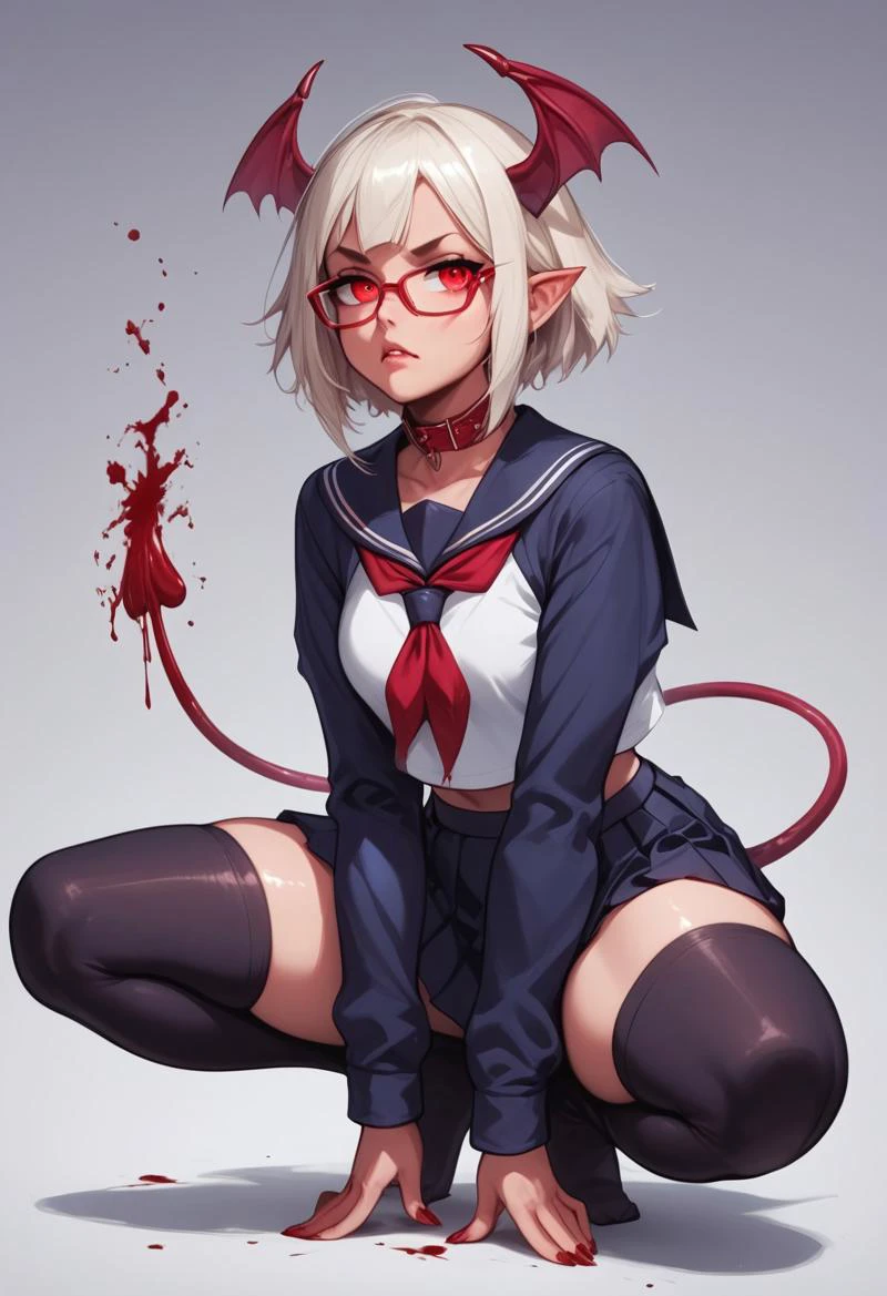 score_9,score_8_up,score_7_up,score_6_up,score_5_up,score_4_up, XUER guangying, hkmagic
BREAK;
Ana the succubus, short white hair with twintails, red eyes.
BREAK;
Ana is wearing a black pleated skirt, glasses, serafuku, black thigh-high socks, blood magic, squatting, red-framed eyewear, black serafuku, fighting stance, blood magic swirls from anas claws emitting sparks, blood and fire are spilled all over the floor.