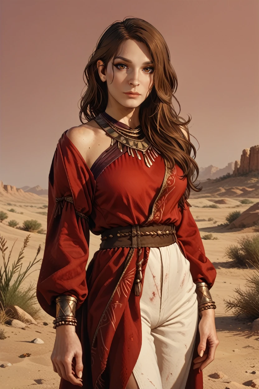 score_9, score_8_up, score_7_up, score_6_up
<lora:DD2Wilhelmina:0.8>
DD2Wilhelmina, 1girl, brown hair, brown eyes, long hair, looking at viewer, stands beneath a blood-red sky in a moonlit desert