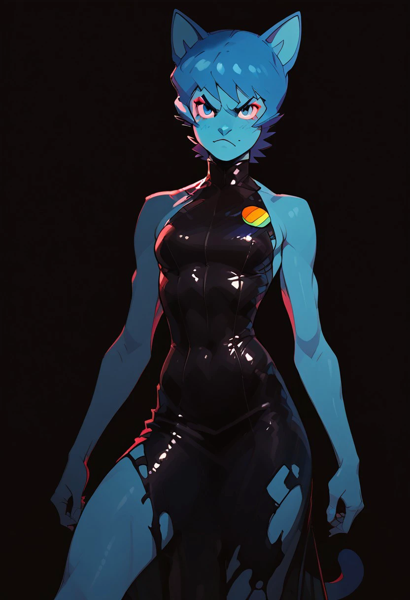 score_9, score_8_up, score_8_up, nicole, blue body, short blue hair, blue cat ears, tail,
BREAK
, solo, standing, action pose, colored badge,
BREAK
, black background, night neon lighting, negative_hand, g0thicPXL,