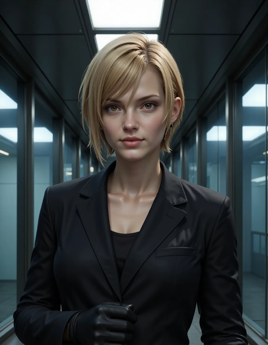 Elena_FF7_Real_Final, Extreme close-up portrait of Elena, cropped from upper chest to mid-forearm, in the cold, imposing atmosphere of Shinra Headquarters. Her sharp, amber eyes gleam with a blend of determination and uncertainty, a striking contrast against her smooth, fair skin. Her short blonde hair is styled in a neat, professional bob, with a few strands falling across her face, accentuating her intense yet slightly hesitant expression. She wears her Shinra-issued dark suit jacket with crisp lapels, the fabric showing subtle creases from her recent missions. At the frame’s edge, her gloved hands are visible, lightly clenched, hinting at both readiness and restraint. The background reveals the polished, metallic walls of Shinra’s upper floors, with expansive glass panels and harsh, blue-white fluorescent lights casting a sterile glow across the steel corridors, amplifying the tense, high-stakes atmosphere of the corporate stronghold. [Composition: Tight 85mm lens effect, emphasizing Elena’s composed resolve amid the stark, pressurized Shinra environment.]