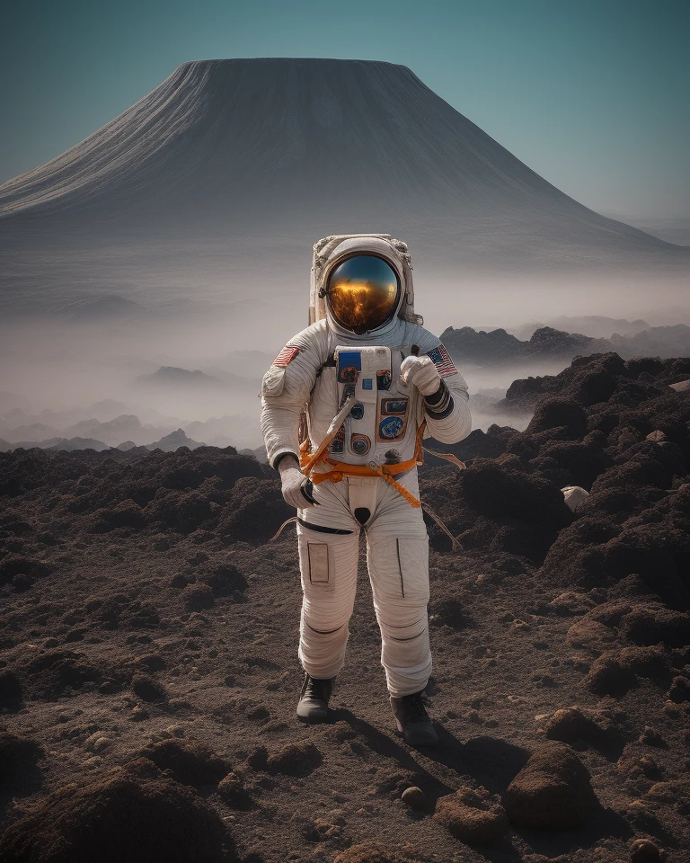 Photo an astronaut among the volcanic rocks, cold weather, dark teal and amber, Sony A7 IV