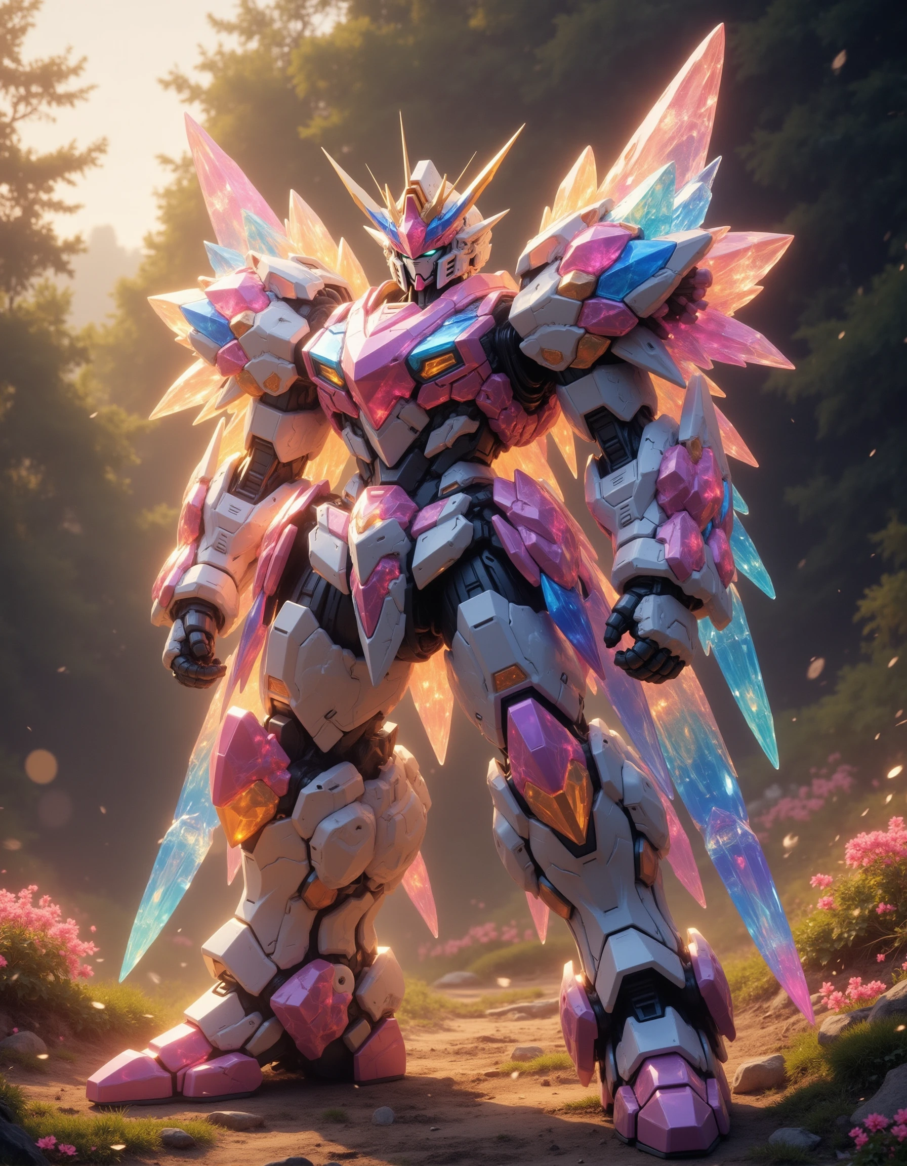 fluxmecha,A mecha made entirely of crystal stands in the sun, the crystal reflects colorful light, surreal style