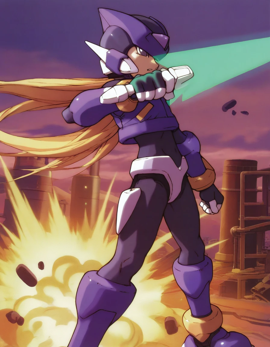 the overall style of the illustration is anime-inspired,
masterpiece,best quality,very aesthetic,highres,absurdres,sensitive,amazing quality,beast quality,
<lora:megaman zero illuXL v4.1:0.85>,official art,explosion,factory,
zero rz,1boy,solo,male focus,green energy sword,holding green energy sword,floating hair,black bodysuit,green forehead jewel,mecha,purple vest,purple armored boots,purple armored gloves,purple headgear,official art,raiden shogun,cleavage,