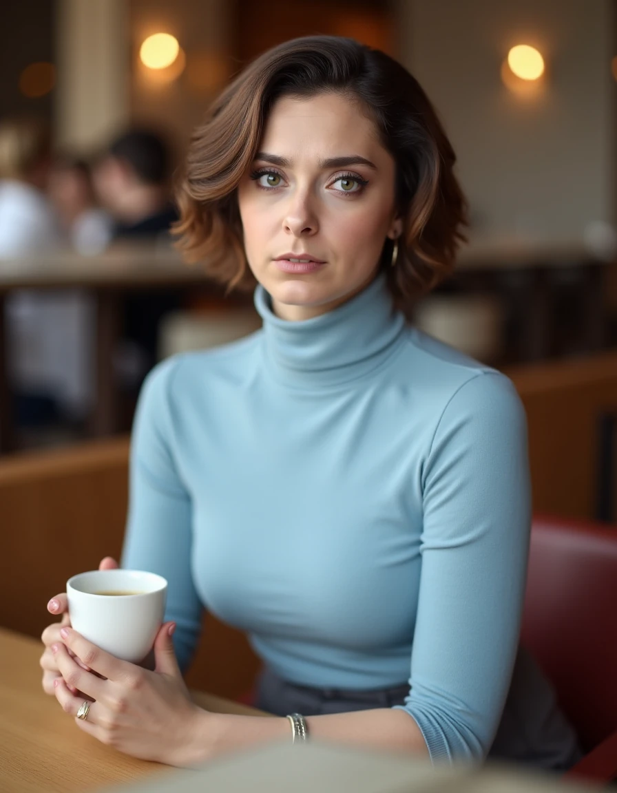 8k hdr photo graph of <lora:rbloomflux1a-000001:1> She has short, wavy brown hair styled in loose curls. wearing a fitted light blue turtleneck sweater, sitting in a cafe holding a coffee, . She is looking at the viewer,