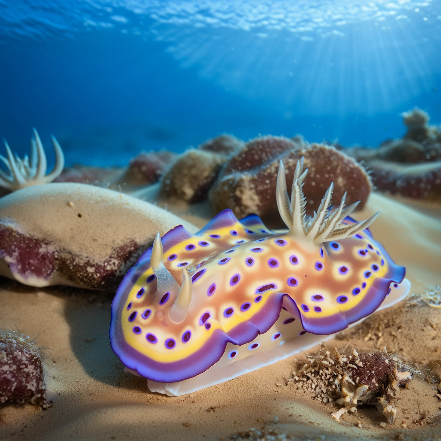 underwater wide shot of a goniobranchus kunei, sand,
intricate detail, vibrant colors, (blue light tint:1.2)