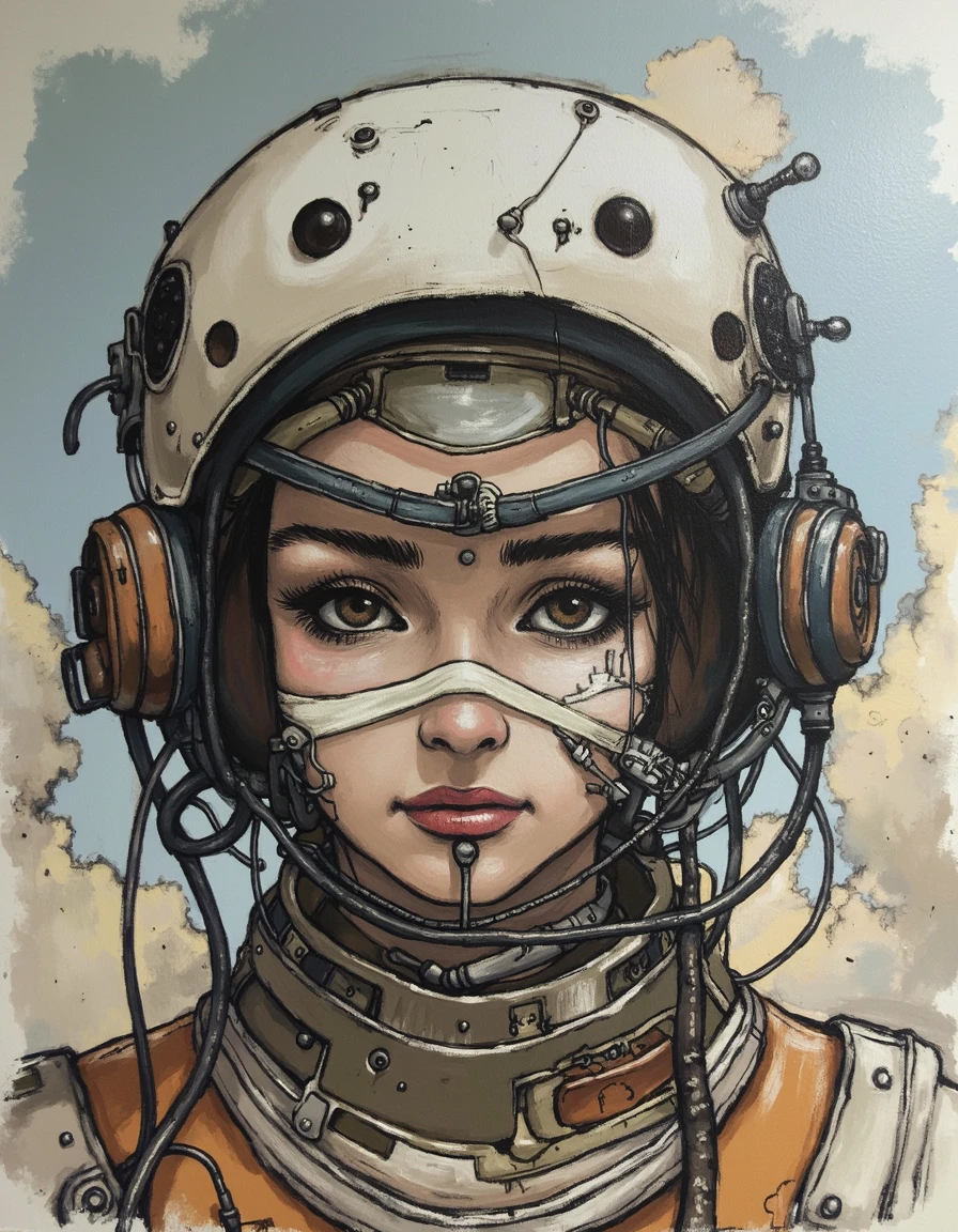 kter, woman wearing a cyborg helmet, bandages on face, wires, painted clouds, unfinished line work