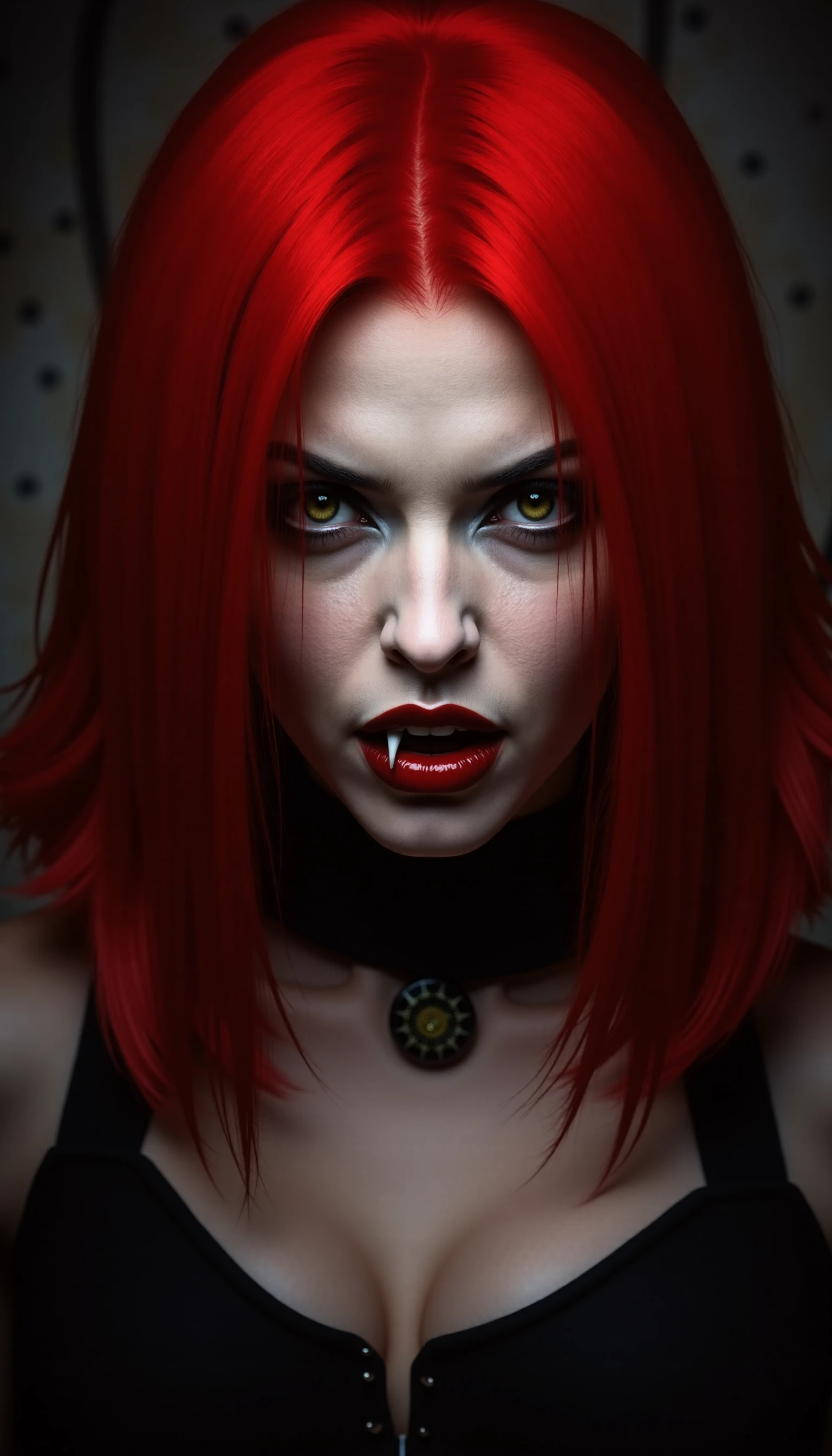 This photo is a digital artwork featuring a dark, gothic-inspired scene. The central figure is a woman with striking, bright red hair styled in a straight, shoulder-length bob. Her hair is parted in the middle and slightly messy, with a few strands falling over her forehead. She has pale, almost deathly skin and piercing green eyes with heavy eyeliner, giving her a menacing, otherworldly appearance. Her lips are painted a deep red, matching her hair, and she has a small, sharp fang visible in her mouth. She is depicted with a menacing expression, her eyes wide and focused, and her mouth slightly open, revealing the fang.