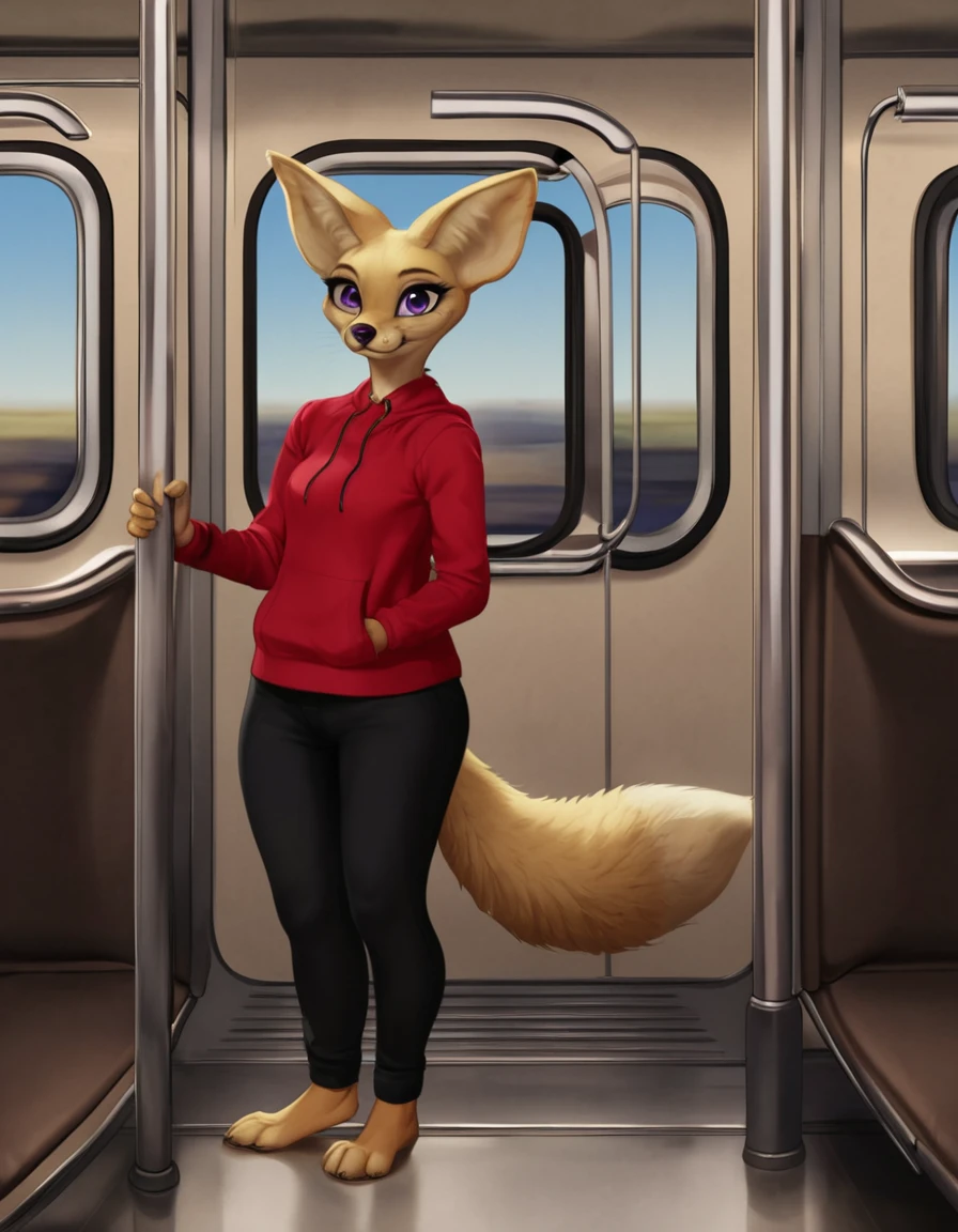 indoors,detailed background,train interior,
Kelly,1girl,solo,furry female,animal ears,animal nose,purple eyes,body fur,tail,fox ears,snout,fox tail,
full body,smile,long eyelashes,standing,
red hoodie,black pants,
<lora:Kelly_v01_PDXL:1>,