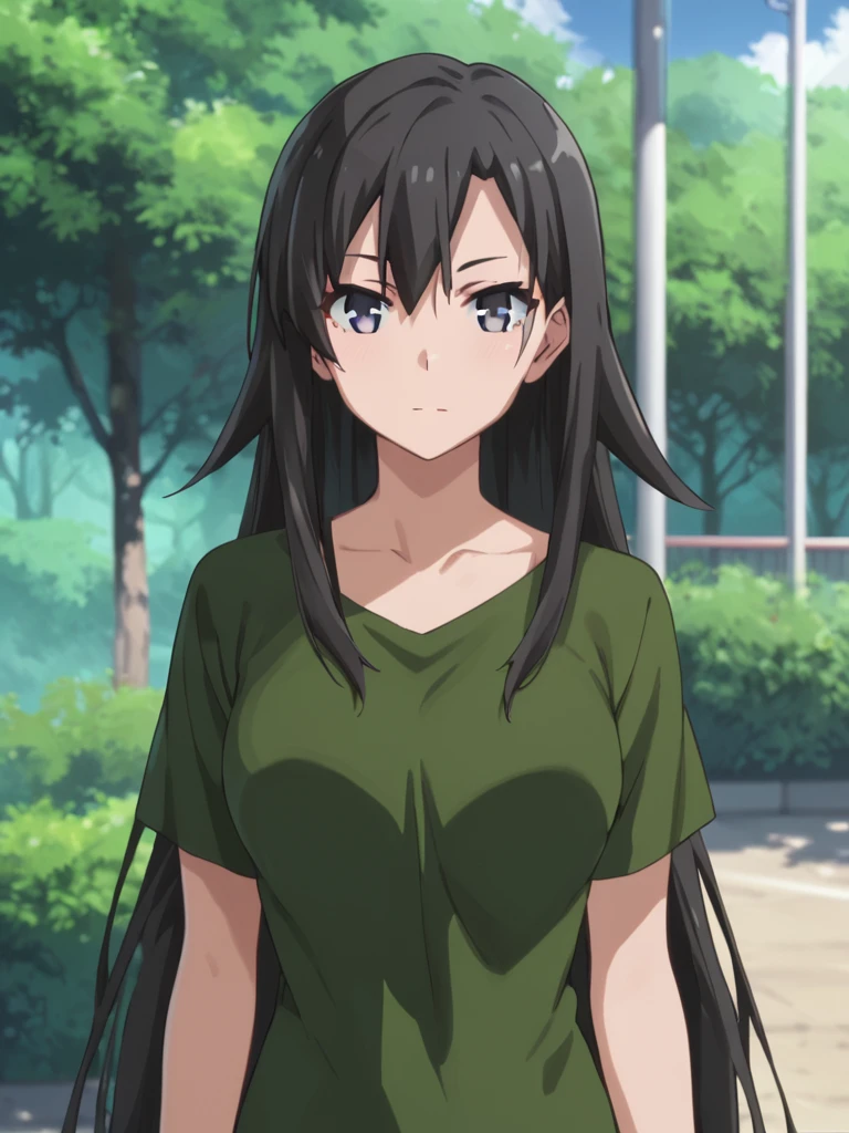 <lora:Hiratsuka_Shizuka:1>,safe_pos, score_9, score_8_up, score_7_up,score_6_up,shizuka,long hair,black hair,blue eyes,looking at viewer,green shirt,outdoors,full body