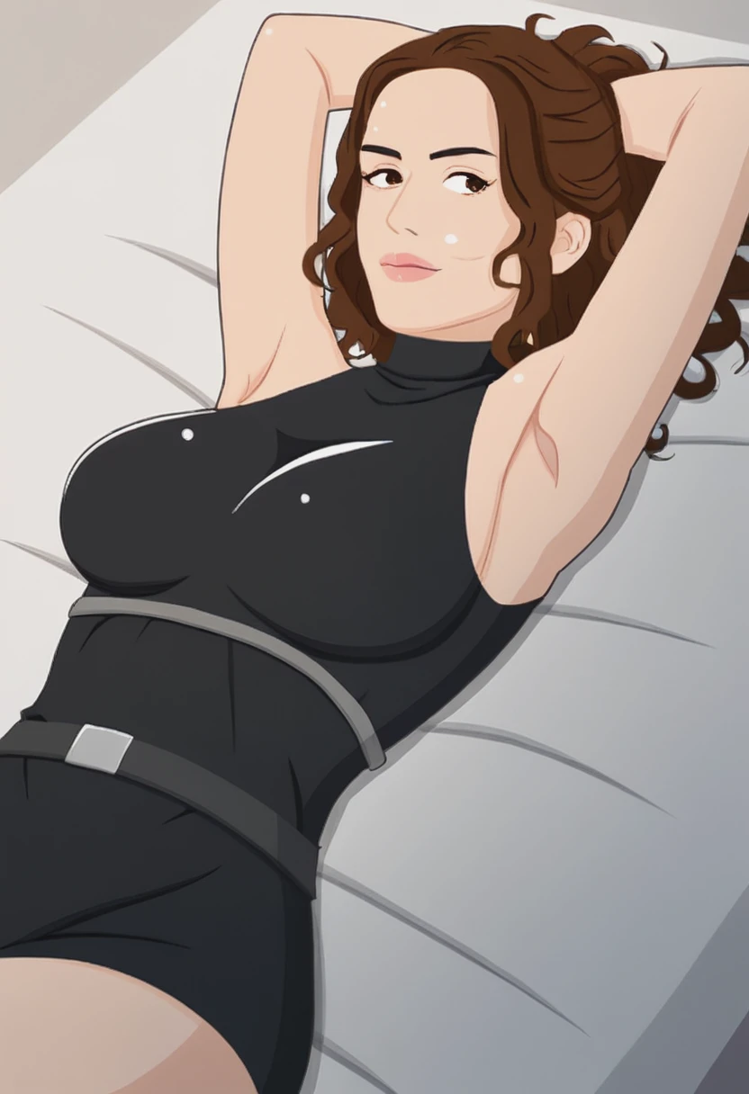 score_9, score_8_up, score_7_up, 1girl, large_breasts, portrait, solo, looking_at_viewer, open_eyes, Lying with hands behind the head, dutch_angle, (Chocolate breastless clothes), pointy hair, French pleat, Brown hair, prison cell, head_out_of_frame, rating_safe, <lora:pony\artist_styles\wang_wei_gong_pony:1.0>