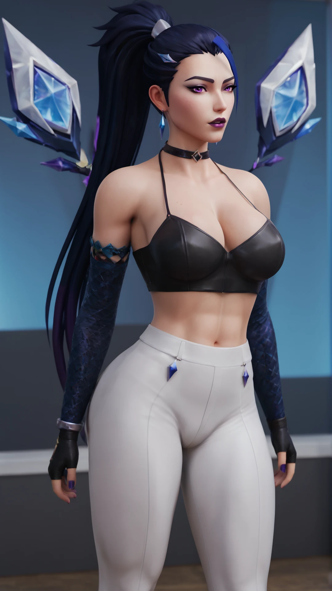 score_9, score_8_up, 3D render, Blender style, 3d beautiful face, gorgeous face, perfect lips, perfect eyes, masterpiece, high detail, (large soft breasts:1.5), venus body, (voluptuous body:1.3), bubble butt, (perfect round butt:1.5), (thick girl:1.6) ,
thinking
1girl, purple eyes, long hair, hair pulled back, ponytail, lipstick, hair between eyes, earrings, cowboy shot,
stage,
solo, eyes at viewer,  standing, front view
<lora:Kaisa:0.5> <lora:KDA_AllOut_KaiSa_PonyXL:0.3> kdaalloutkaisa, 1girl, solo, k/da \(league of legends\),, ponytail, hair ornament, very dark hair, multicolored hair, very long hair, hair between eyes, hairclip, two-tone hair, bangs, streaked hair, hair pulled back, asymmetrical bangs,, purple eyes, eyeshadow, lipstick, lips, purple lips, mascara,, choker, jewelry, earrings, crop top, halterneck, detached sleeves, fingerless glove, elbow gloves, purple nails, bracelet, nail polish,, midriff, bare shoulders, navel, wings, crystals, , high-waist pants, tight pants, white pants, high heel boots,