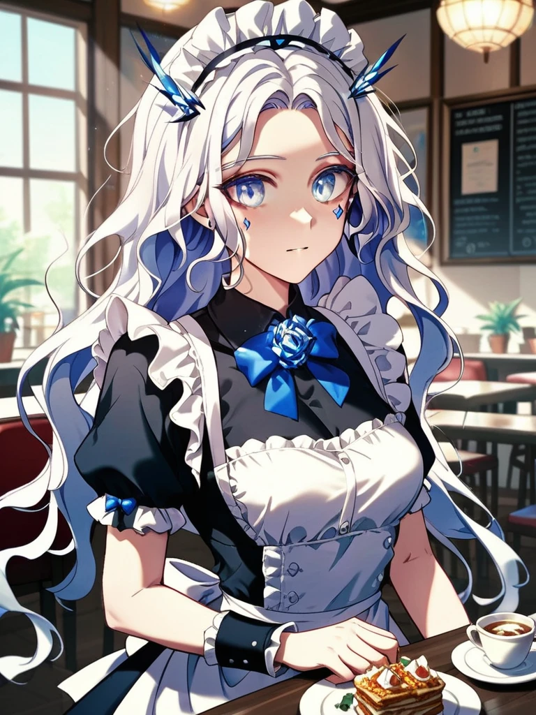 score_9_up, score_8_up, score_7_up, (Anime_source), Beautiful face, masterpiece, 
1girl, solo,(((seol-ha_my daughter is the final boss)), medium Breasts, blue eyes, white hair, long hair, very long hair, maid_uniform, maid_cafe, tiny_male