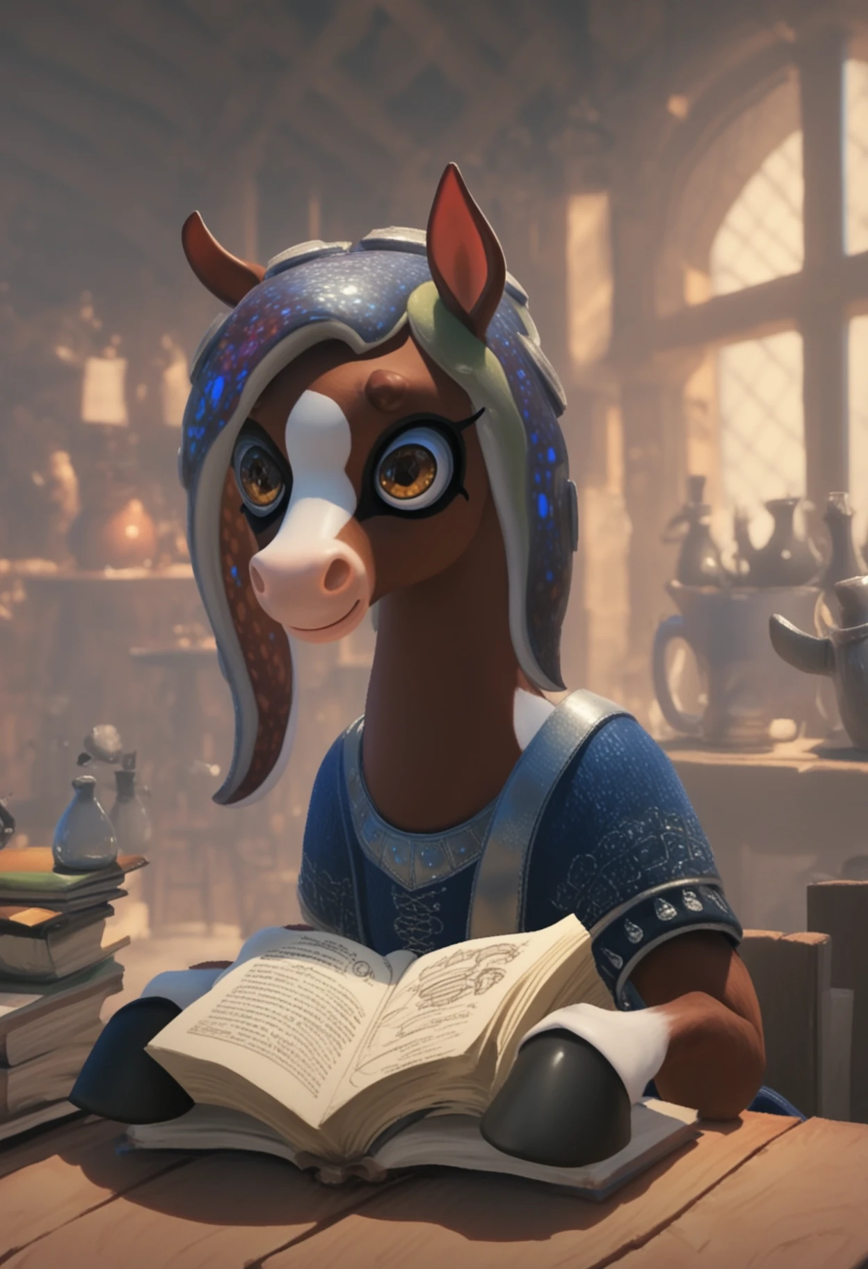 splatoonstyle, safe_pos, score_9, score_8_up, score_7_up, 1girl, solo, medieval fantasy, female horse, furry, reading a book, tavern, hooves