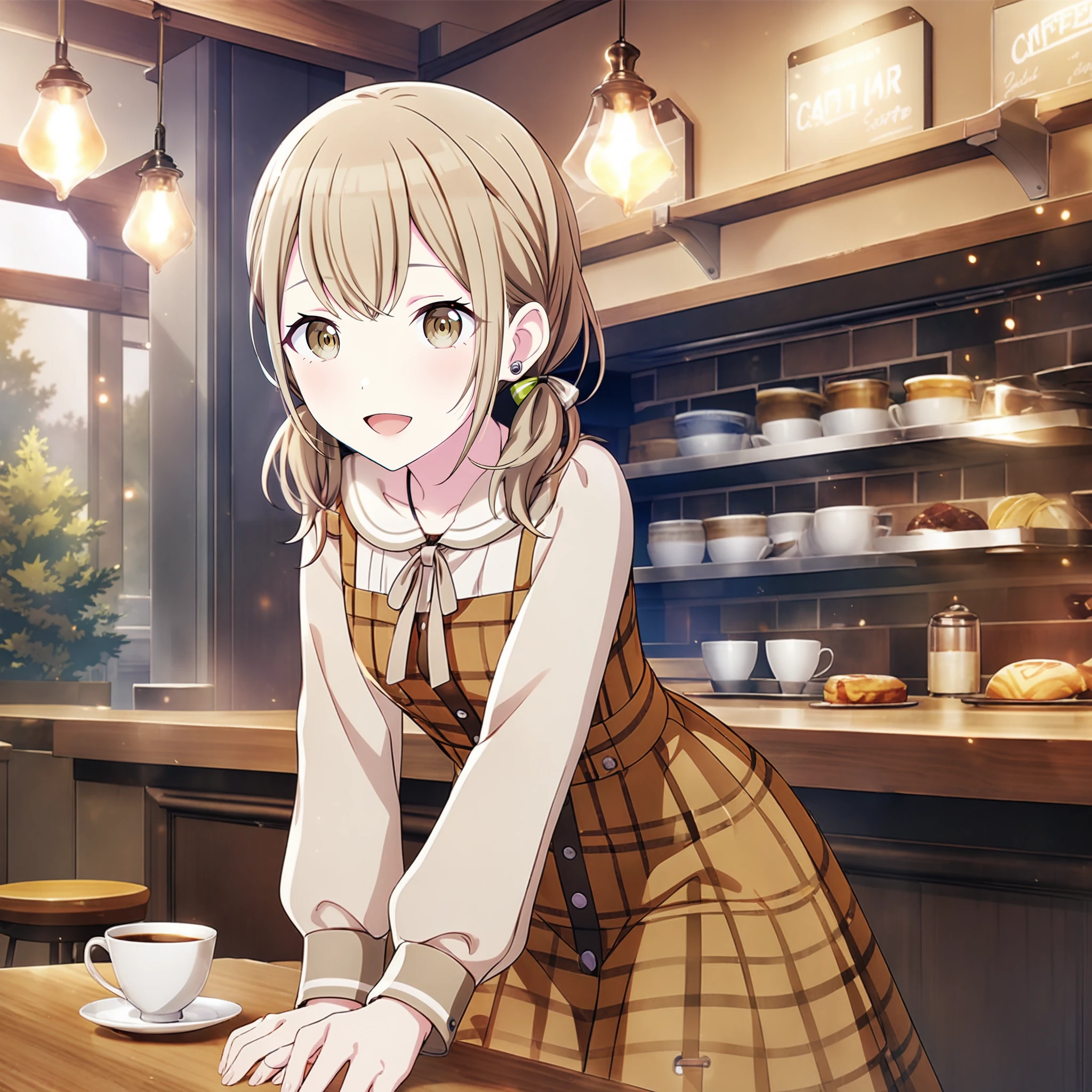 1girl, azusawa kohane, project sekai, masterpiece, very aesthetic, absurdres, official art,
sound style, (low twintails:1.4), blonde short hair, beige eyes, sidelocks, hair between eyes,
(looking at viewer:1.2), (leaning forward:1.4), :D, sitting, BREAK
long sleeves, ribbon, hair ribbon, brown dress, plaid, plaid long dress, hair ribbon, earrings,
in cafeteria, cups and saucers, bar counter, large window, trees, table, chair,
<lora:sdxl-leo-EnjoyMusicIc01:0.8:lbw=0,0,0.2,0.2,0,0.4,0.4,0,0.8,0.8,0,0,0,0.8,0.8,0.6,0.8,0.0,0.0,0.0,0,0,0,0,0,0>,  <lora:sdxl-vbs-VividsKh07:0.3>