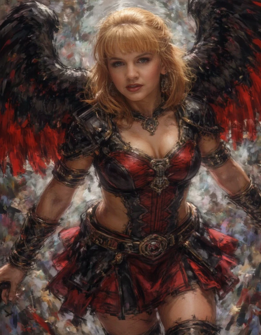 A highly detailed and vibrant digital painting in the style of ck-ib, gabrielle wearing her usual attire, with red and black angel wings, low angle, dynamic movement, <lora:flux_gabrelle-640-newest:1.1> <lora:ck-Ivan-Beslic-Art-Style-000019 [TW is A highly detailed and vibrant digital painting in the style of ck-ib]:1>