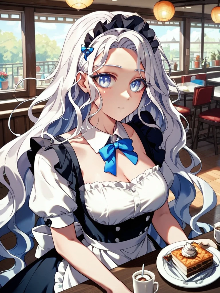 score_9_up, score_8_up, score_7_up, (Anime_source), Beautiful face, masterpiece, 
1girl, solo,(((seol-ha_my daughter is the final boss)), medium Breasts, blue eyes, white hair, long hair, very long hair, maid_uniform, maid_cafe, tiny_male