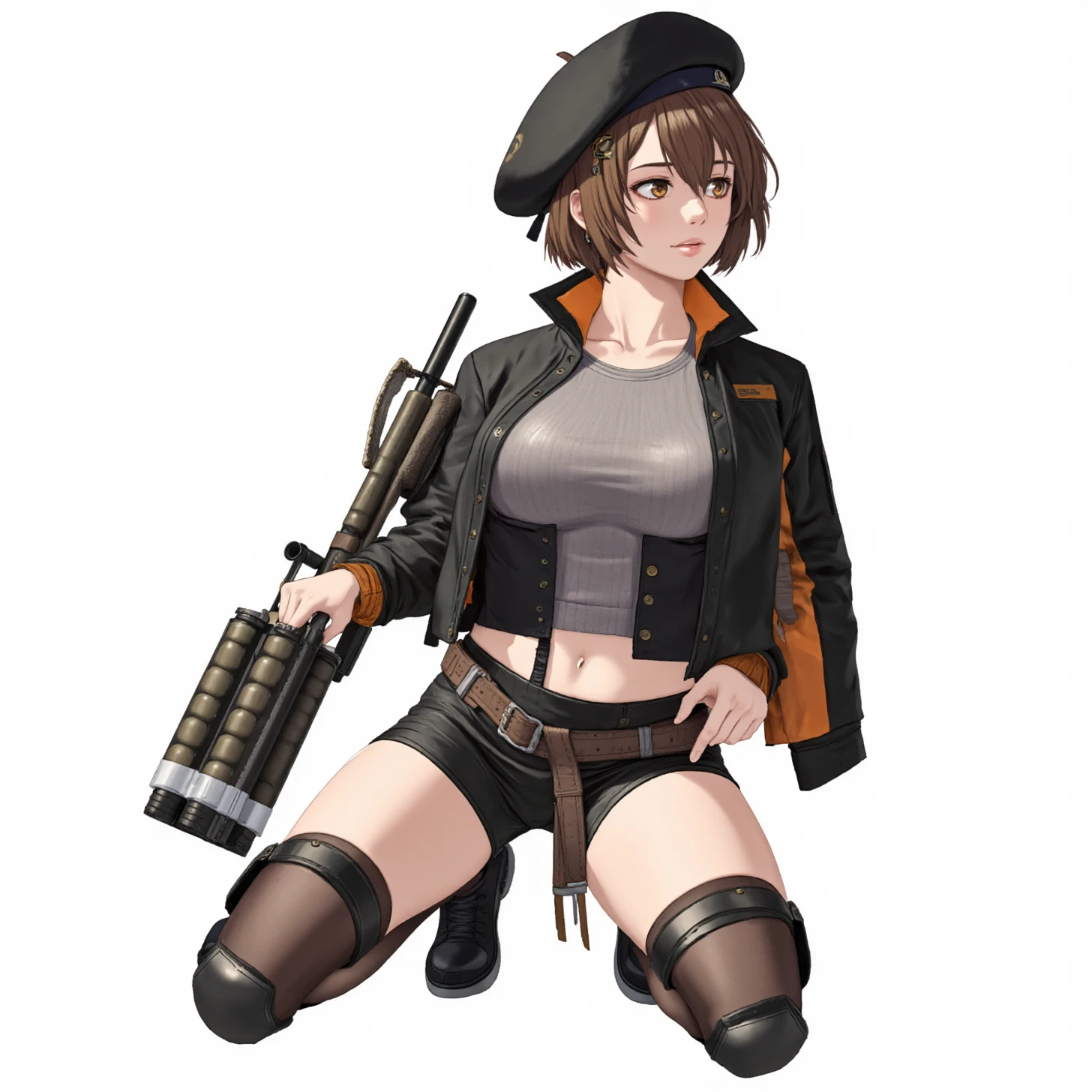 NIKKE, Anis cover idle, 1girl, large breasts, cleavage, black shorts, hat, holding weapon, black jacket with orange trim, white background, brown hair, beret, hair ornament, short shorts, holding gun, simple background, black headwear, open jacket, open clothes, ammunition belt, short hair, brown eyes, long sleeves, bangs, grenade launcher, black thighhighs, black footwear, looking to the side, ahoge, crop top, thighs, full body, looking away, one knee, midriff, knee pads, hair between eyes, collarbone, closed mouth, grey shirt, sidelocks