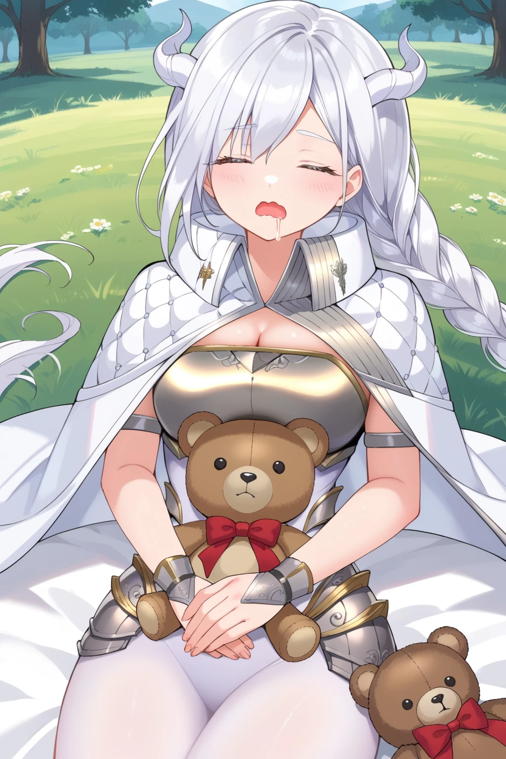 score_9, score_8_up, score_7_up, source_anime, Mubai, white hair, long hair, braid, horns, high collar, cape, white cape, cleavage, armor, breastplate, bodystocking, gauntlets, hip armor, tail, open mouth, wavy mouth, drooling, sleeping aside, closed eyes, field, trees, bed, teddy bear, hugging