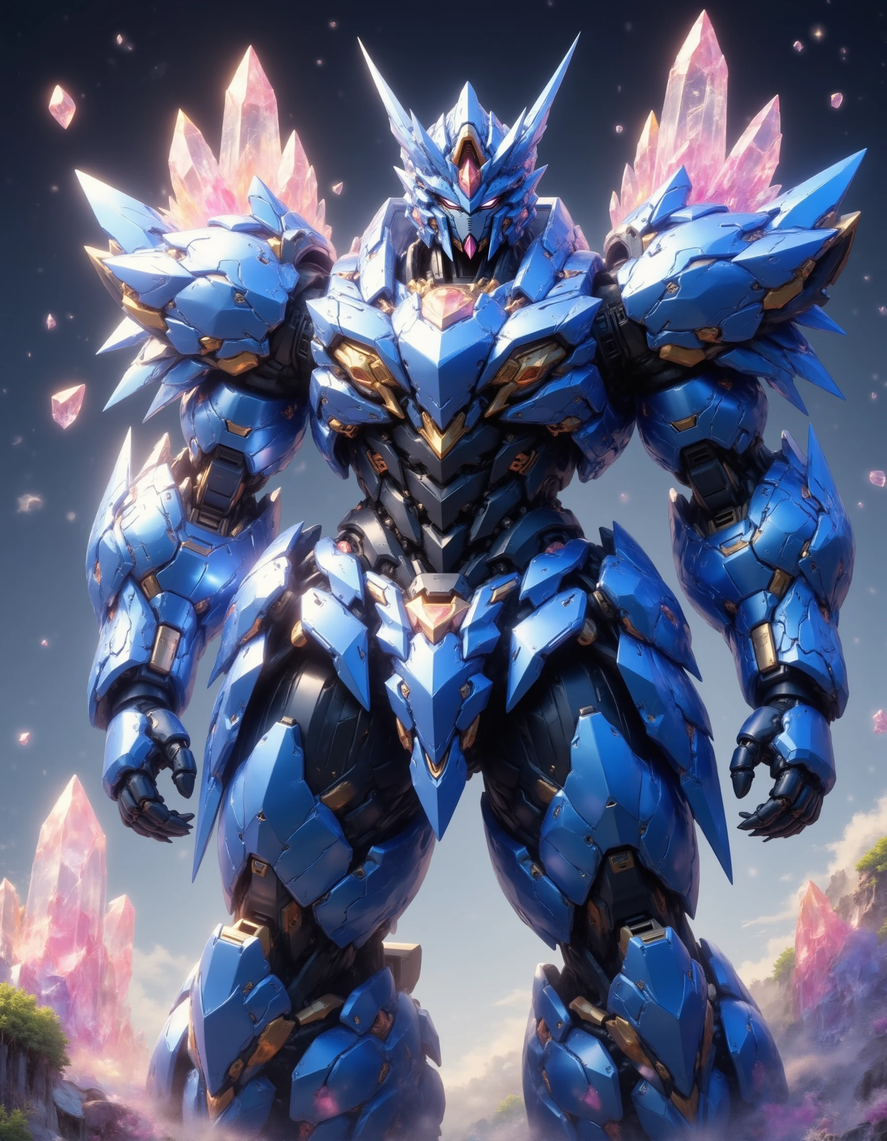 fluxmecha,A blue-white mech stood in a clump of crystals, sharp crystals growing from its thick armour, pale pink and translucent crystals glittering in the sunlight, broken crystals flying in the air